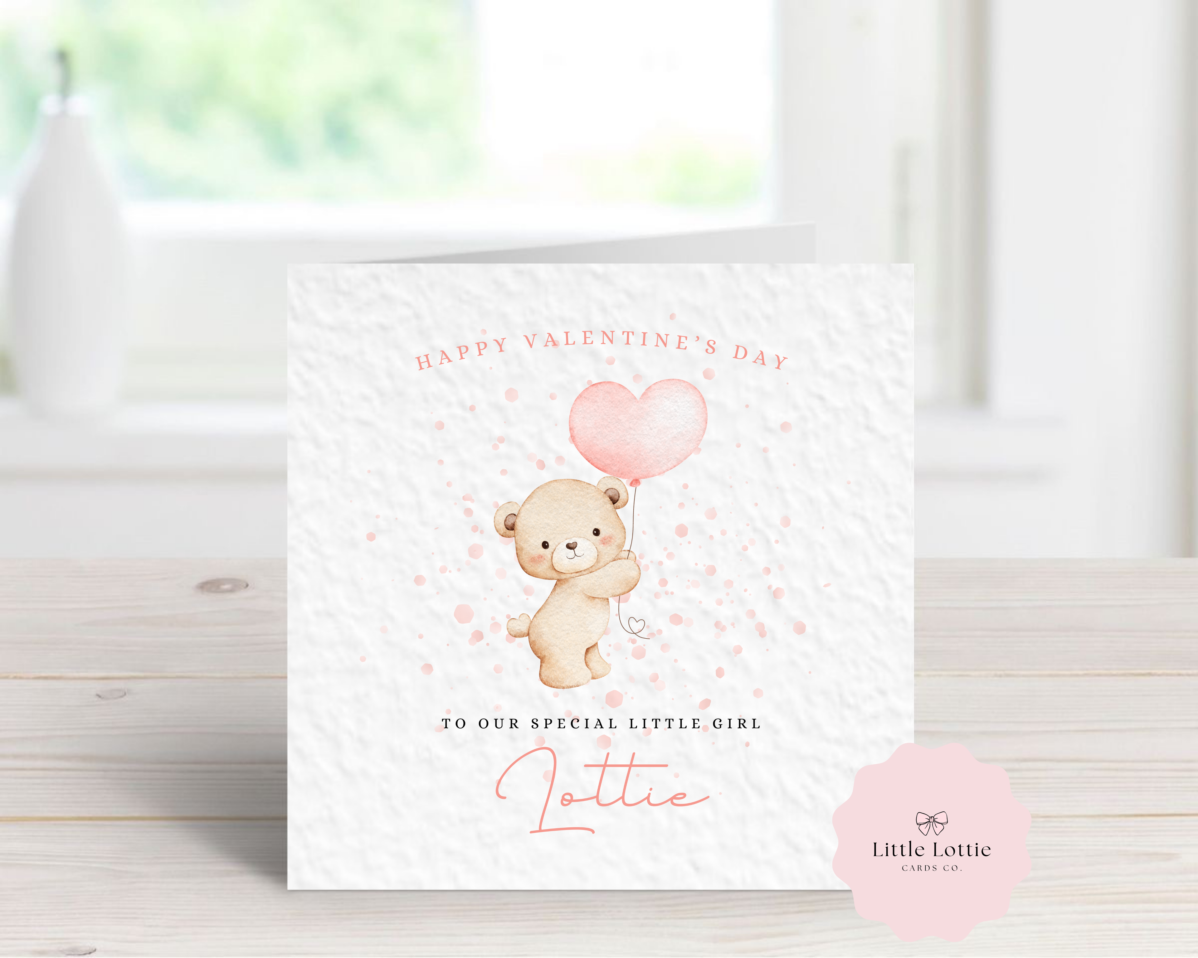 Personalised Valentine's Day Card - Any Name & Relation - Cute Teddy Bear with Pink Heart Balloon - Custom "First Valentine's" or "Happy Valentine's" Card - Luxury Square Card