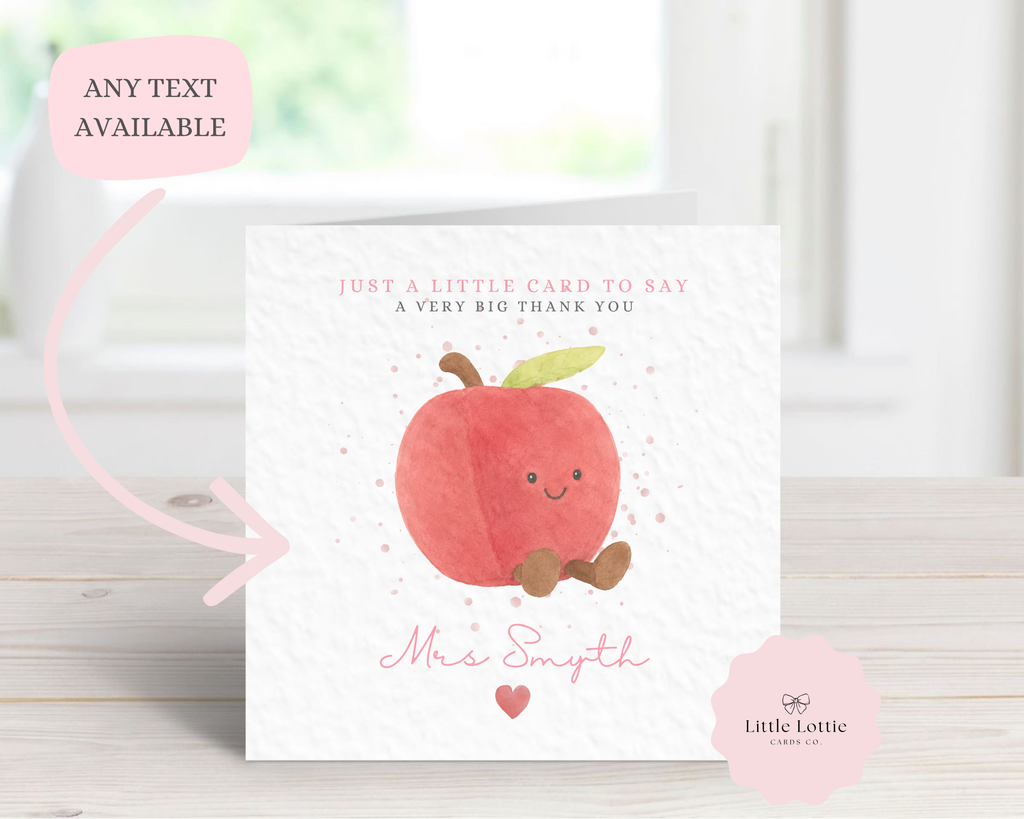 Personalised Cute Apple Character Teacher Card - Pink Jellycat Inspired Design