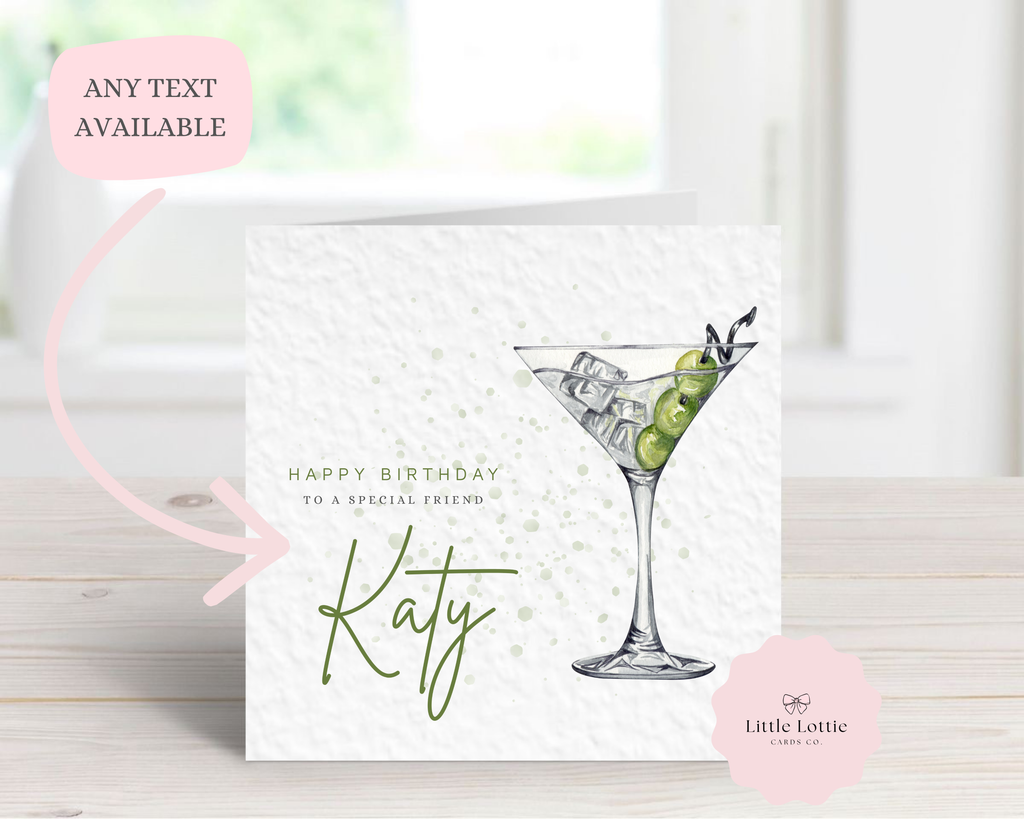 Personalised Dirty Martini Birthday Card - Any Name & Relation - Luxury Olive Green Watercolor Cocktail Illustration - Custom "Happy Birthday" Card - Large 6" Square
