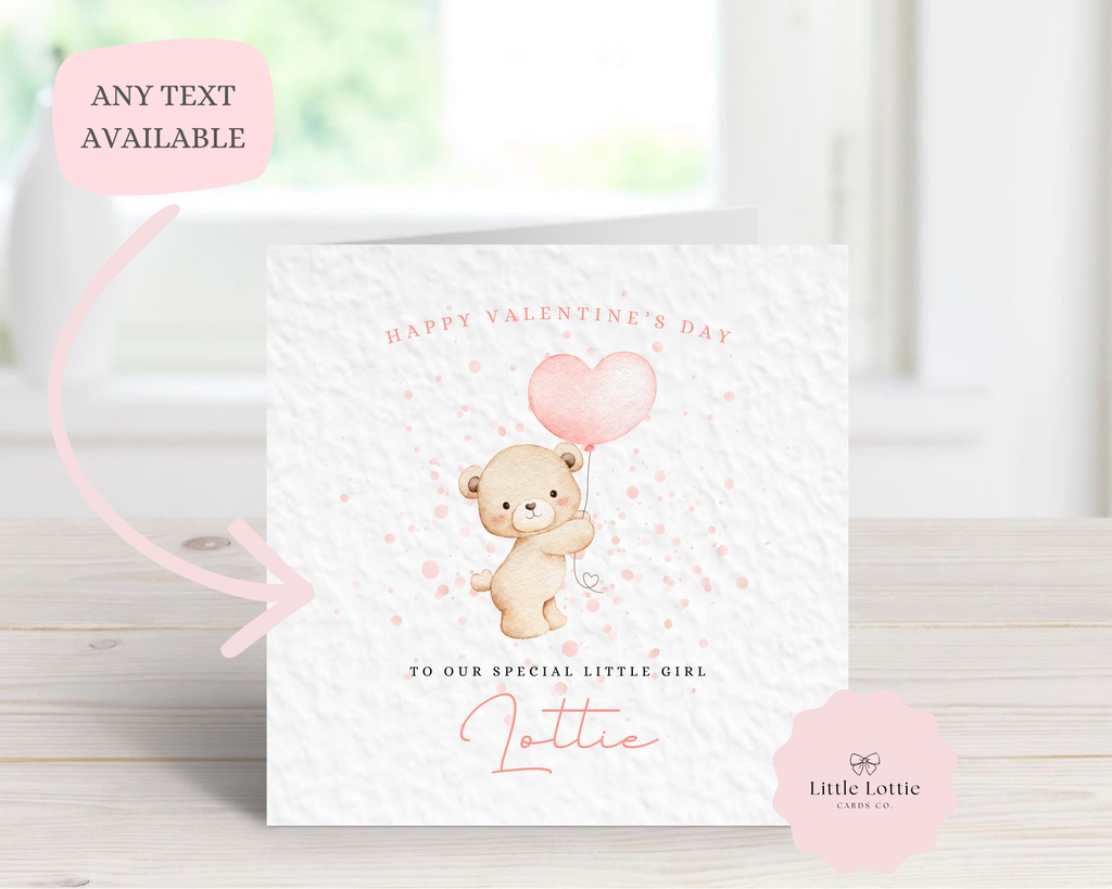 Personalised Valentine's Day Card - Any Name & Relation - Cute Teddy Bear with Pink Heart Balloon - Custom "First Valentine's" or "Happy Valentine's" Card - Luxury Square Card