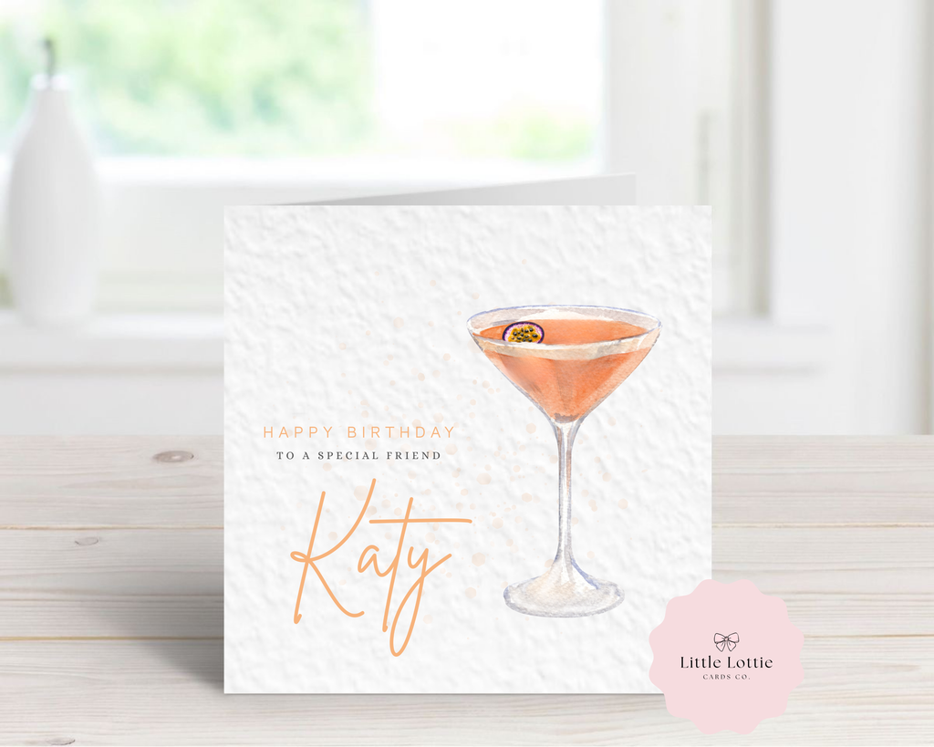 Personalised Pornstar Martini Birthday Card - Any Name & Relation - Luxury Passion Fruit Watercolor Cocktail Illustration - Custom "Happy Birthday" Friend Card - Large 6" Square