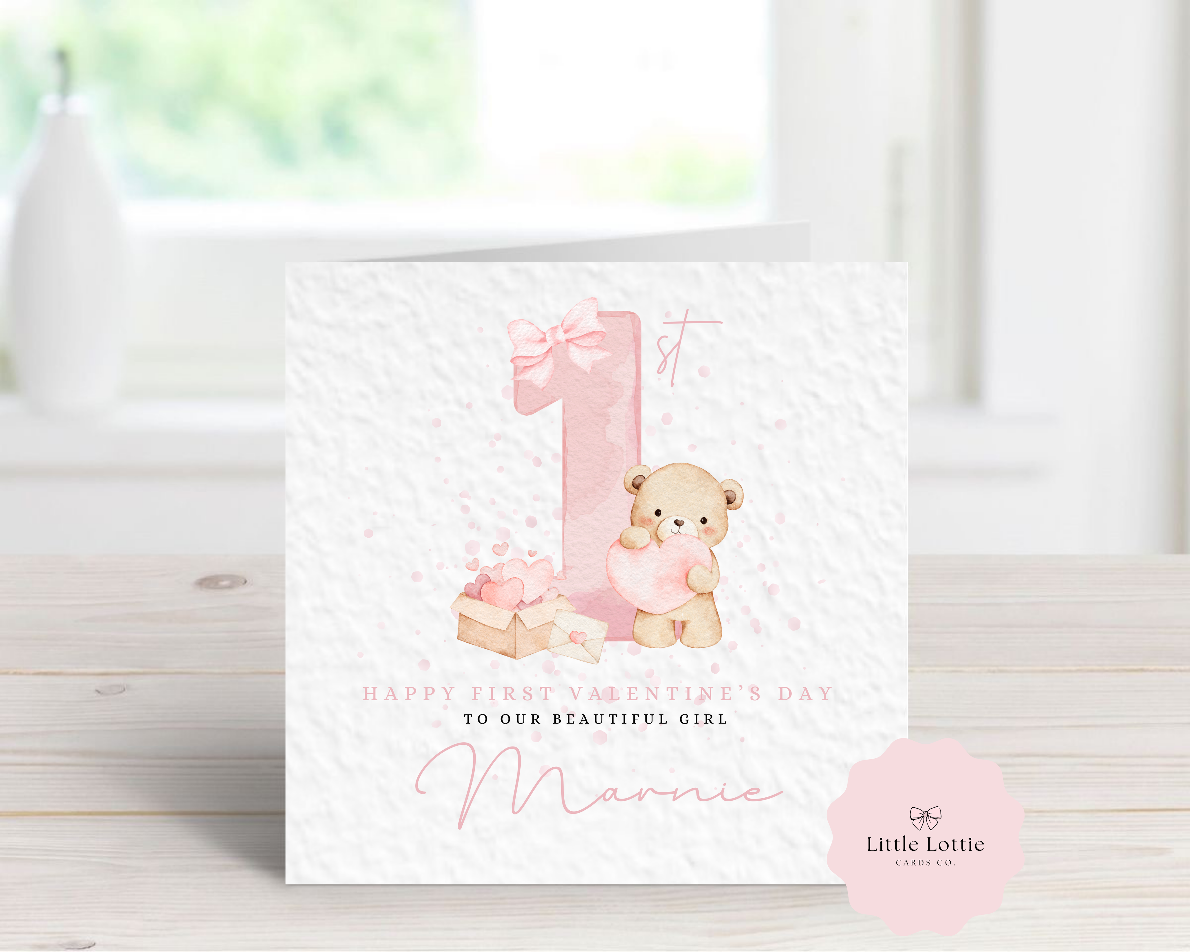 Personalised 1st Valentine’s Day Card - Any Name & Relation - Cute Teddy Bear & "1st" Illustration - Custom "Happy First Valentine" Card - Luxury Square Keepsake Card