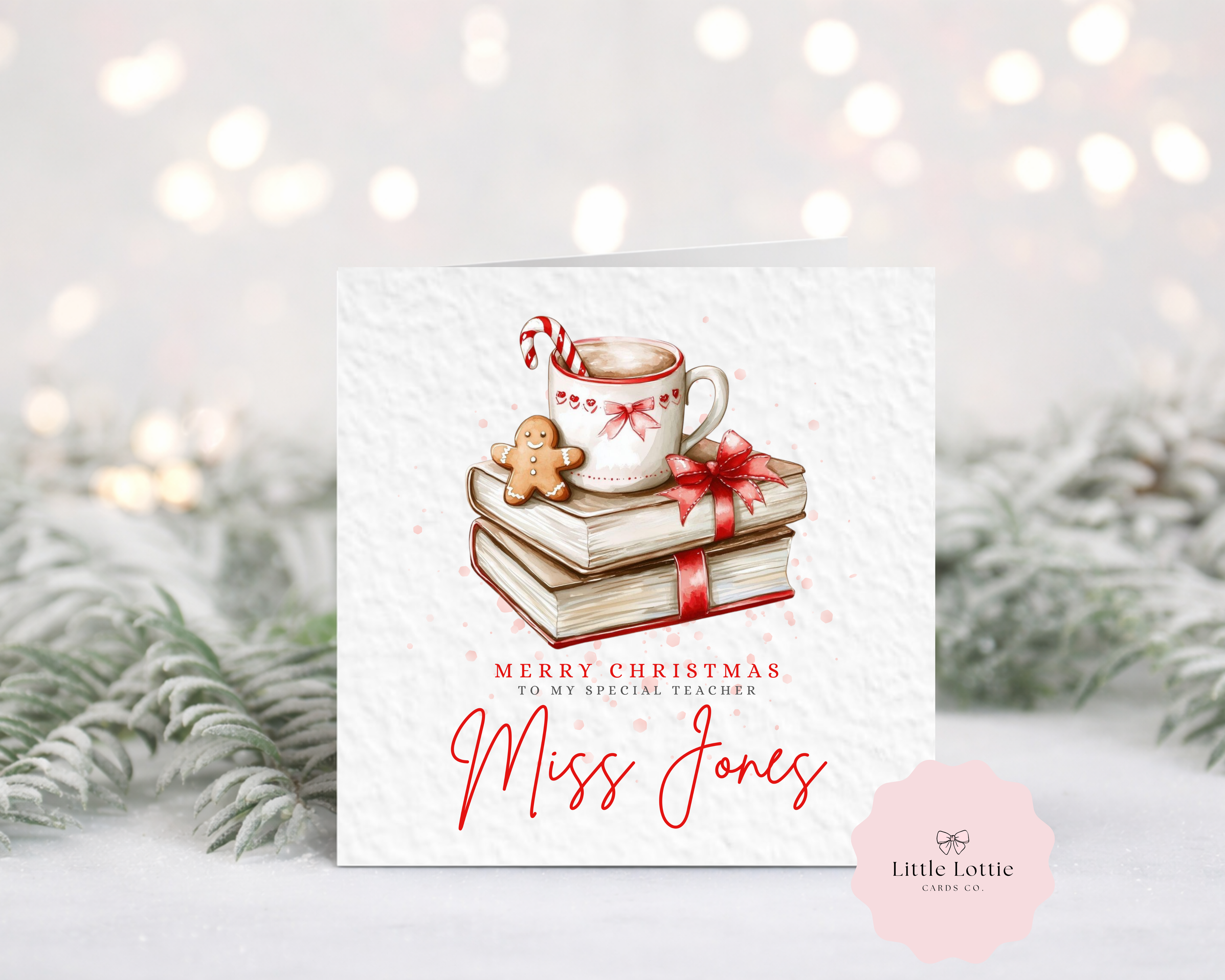 Personalised Teacher Christmas Card - Watercolour Book Stack & Hot Cocoa Illustration