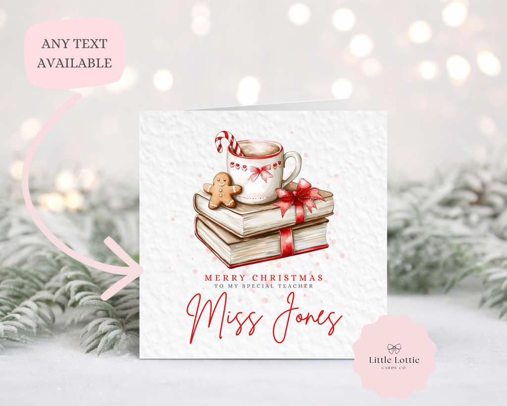 Personalised Teacher Christmas Card - Watercolour Book Stack & Hot Cocoa Illustration