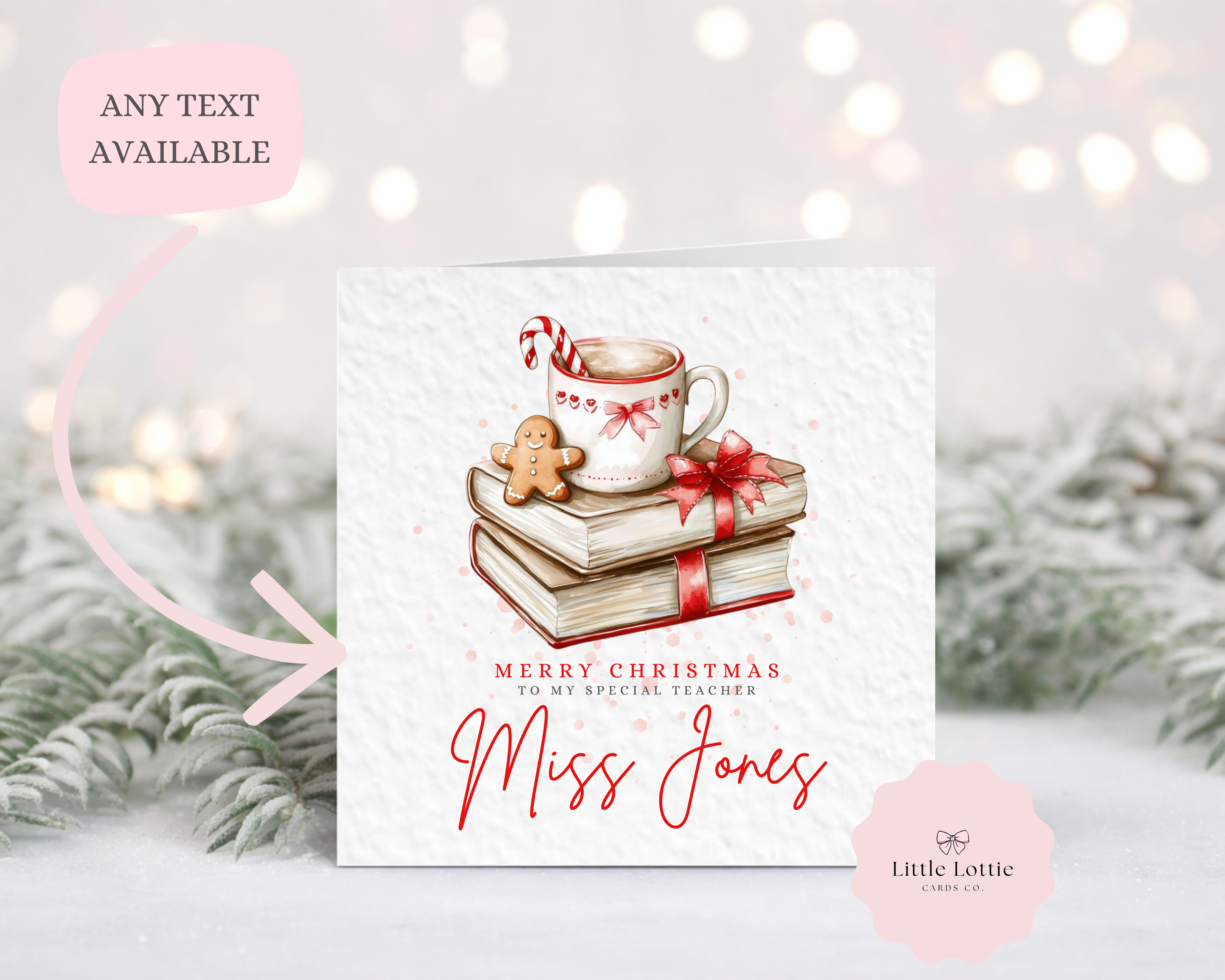 Personalised Teacher Christmas Card - Watercolour Book Stack & Hot Cocoa Illustration
