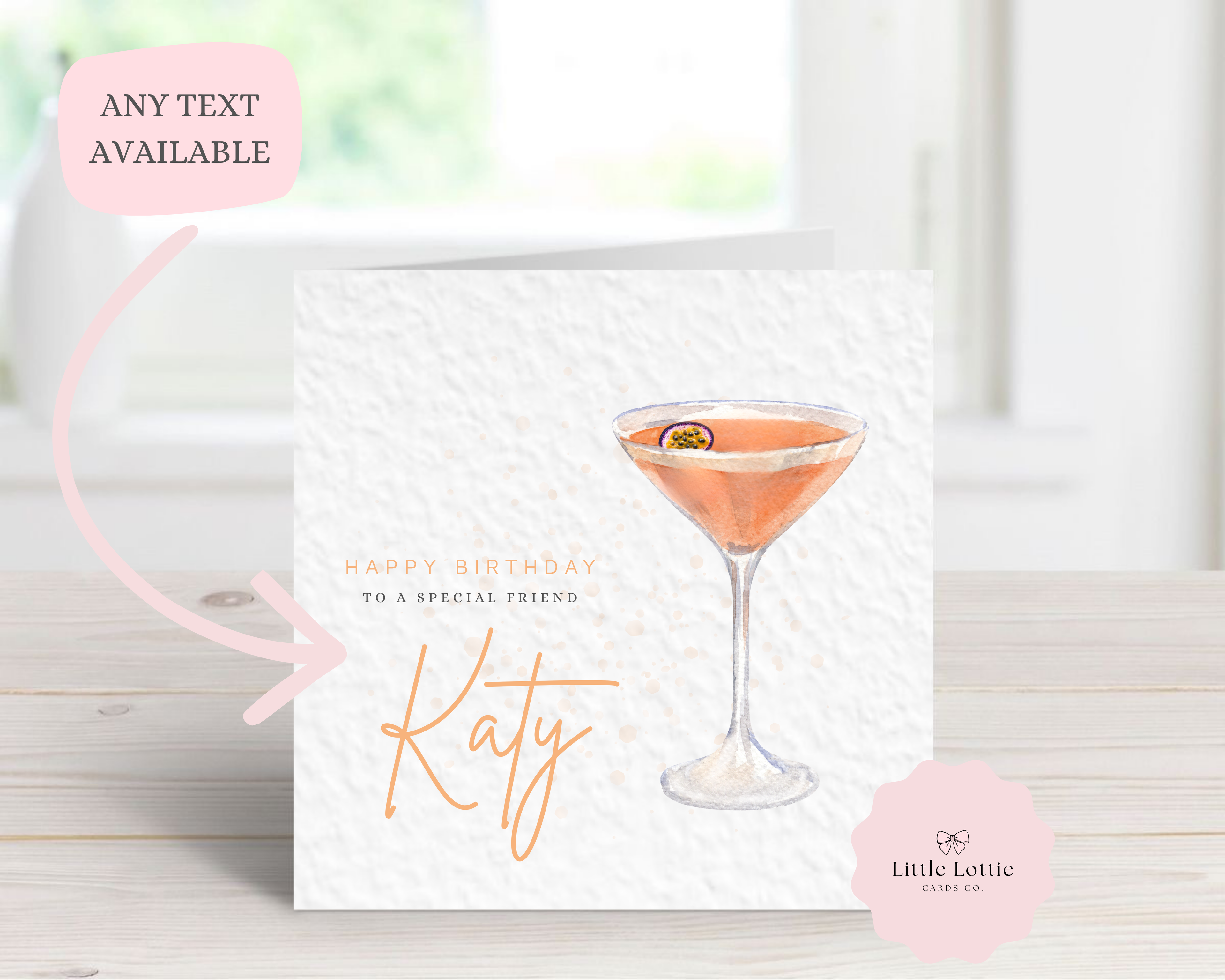 Personalised Pornstar Martini Birthday Card - Any Name & Relation - Luxury Passion Fruit Watercolor Cocktail Illustration - Custom "Happy Birthday" Friend Card - Large 6" Square