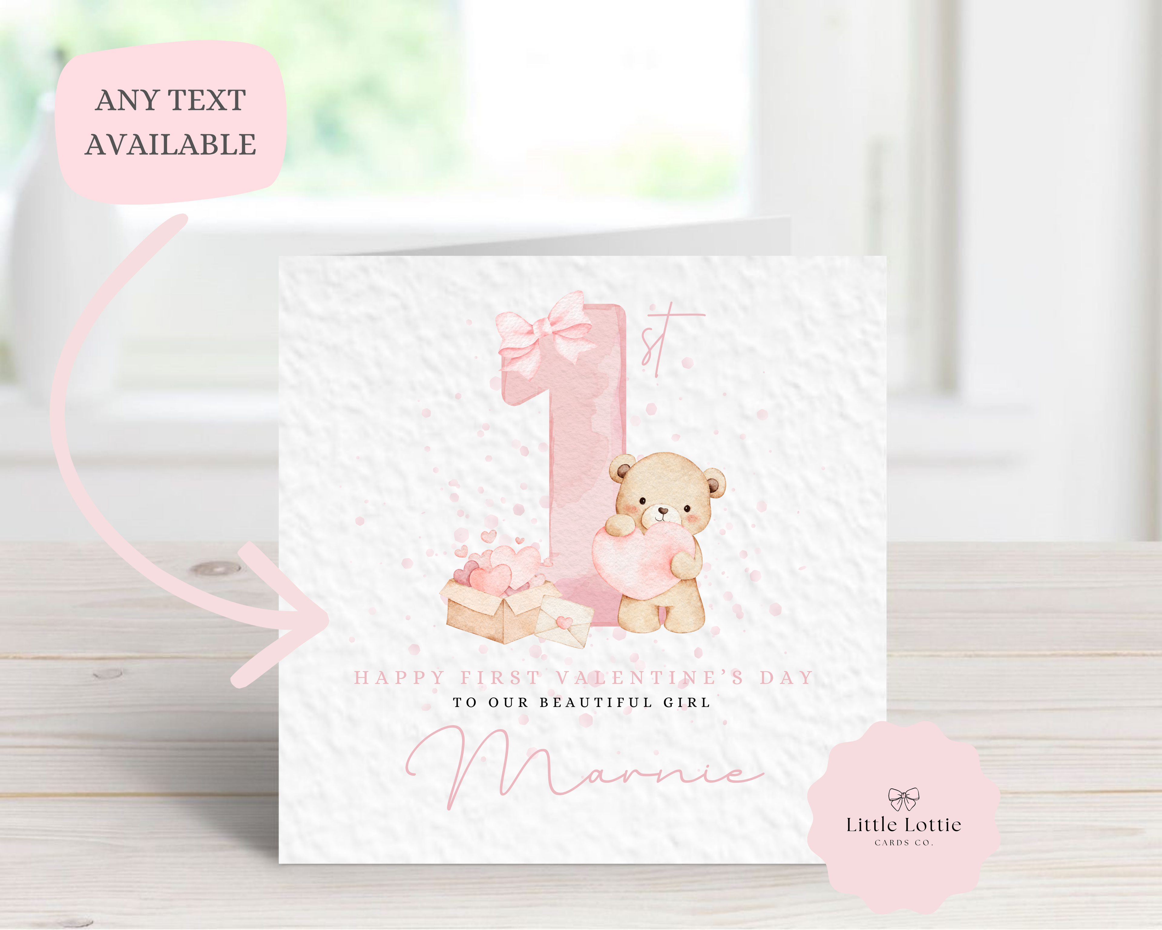 Personalised 1st Valentine’s Day Card - Any Name & Relation - Cute Teddy Bear & "1st" Illustration - Custom "Happy First Valentine" Card - Luxury Square Keepsake Card