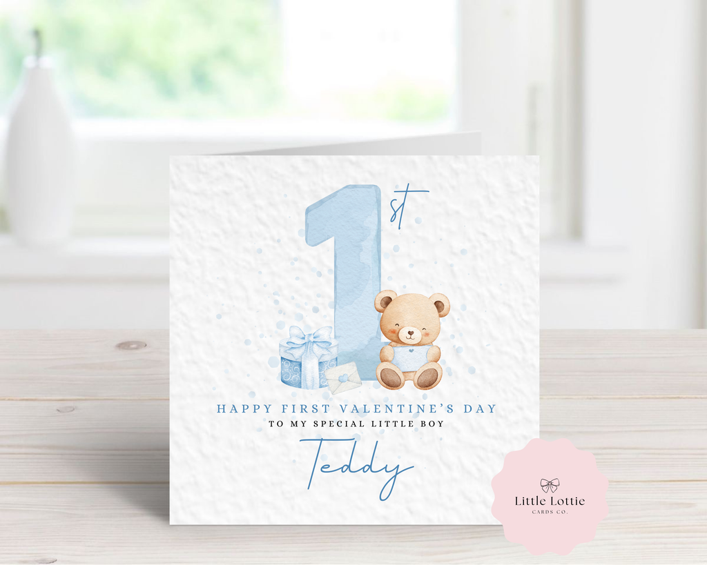Personalised 1st Valentine’s Day Card - Any Name & Relation - Cute Teddy Bear & Blue "1st" Illustration - Custom "Happy First Valentine" Card - Luxury Square Keepsake Card