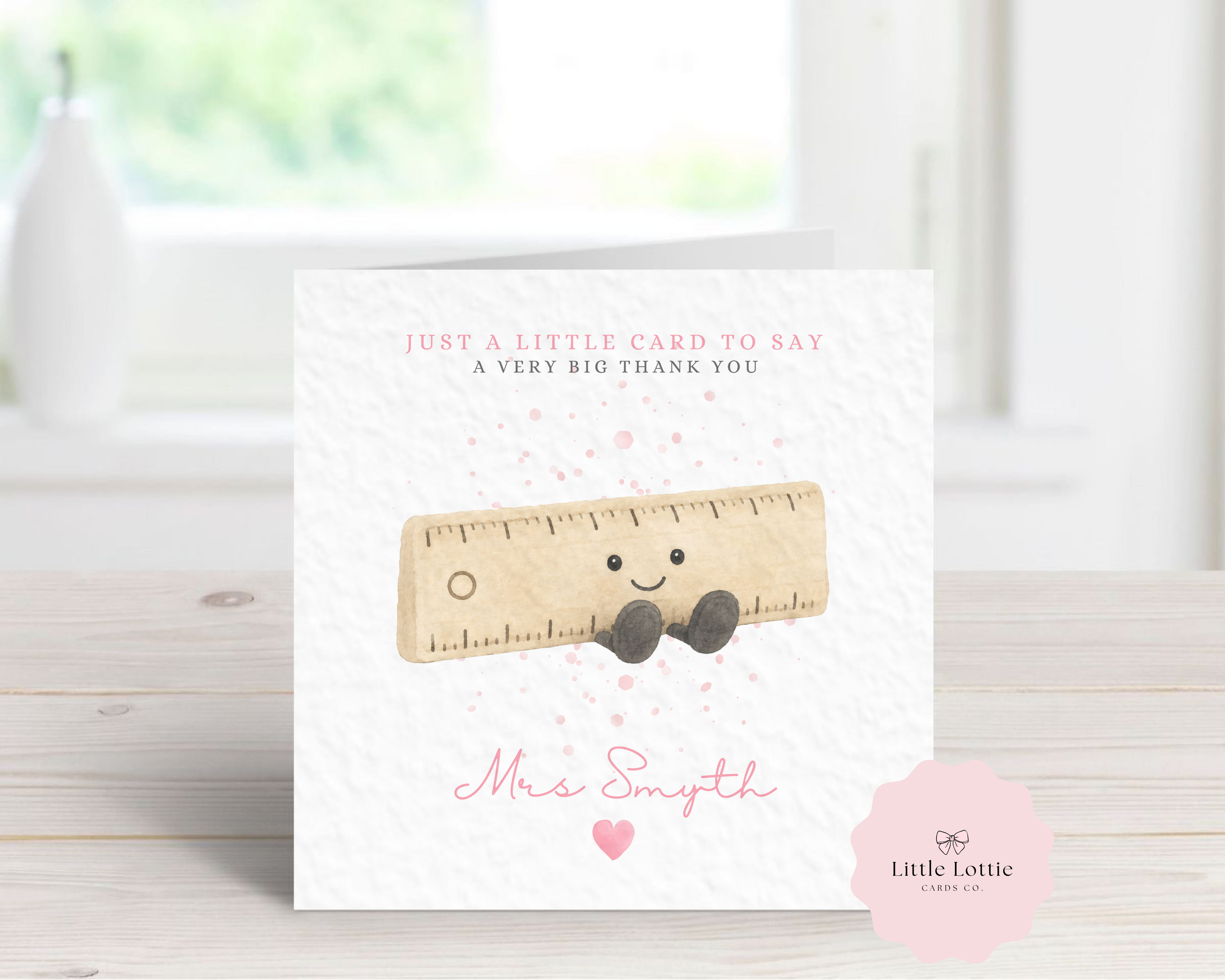 Personalised Cute Ruler Character Teacher Card - Pink Jellycat Inspired Design