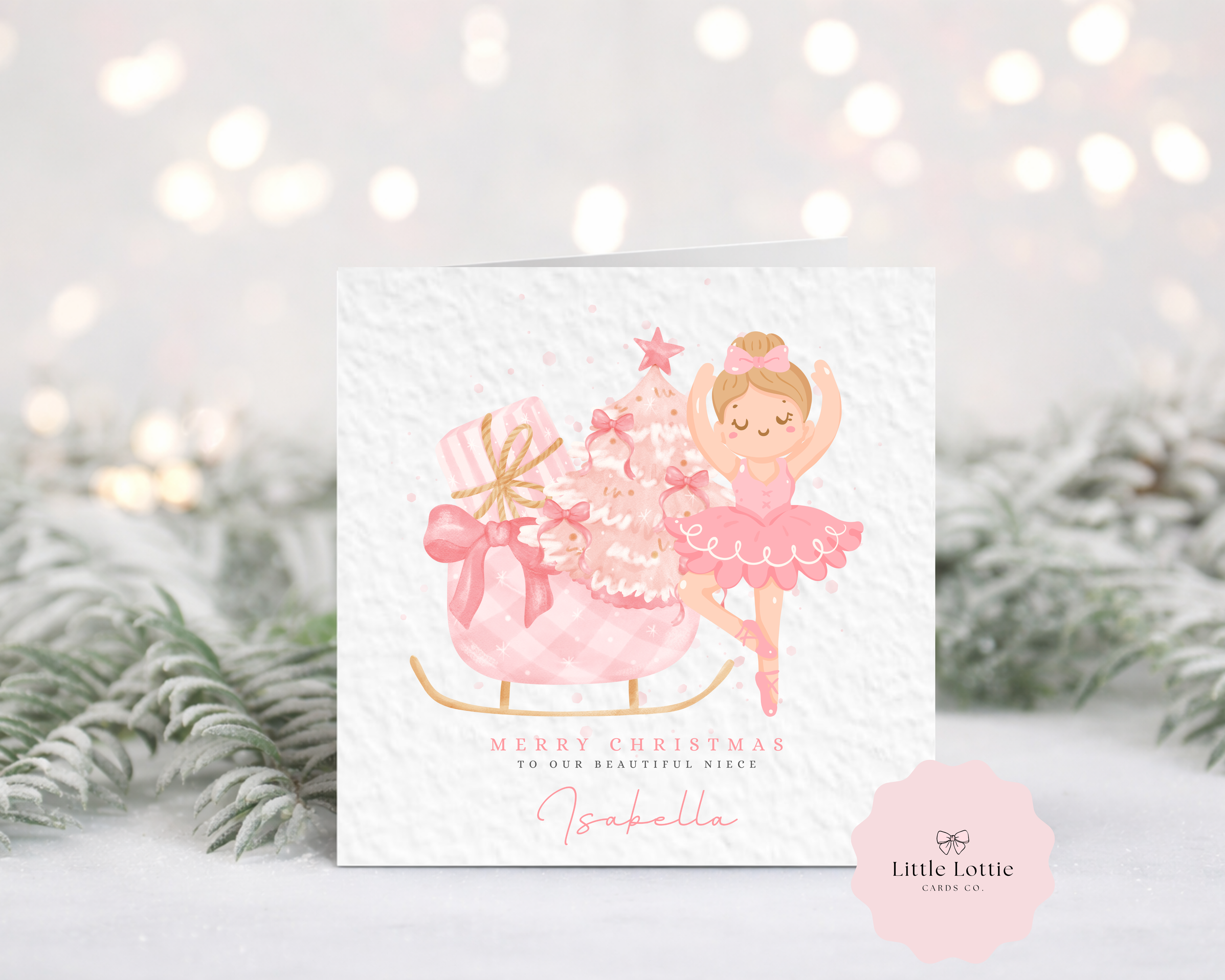 Personalised Ballerina Christmas Card - Pink Sleigh & Nutcracker Theme