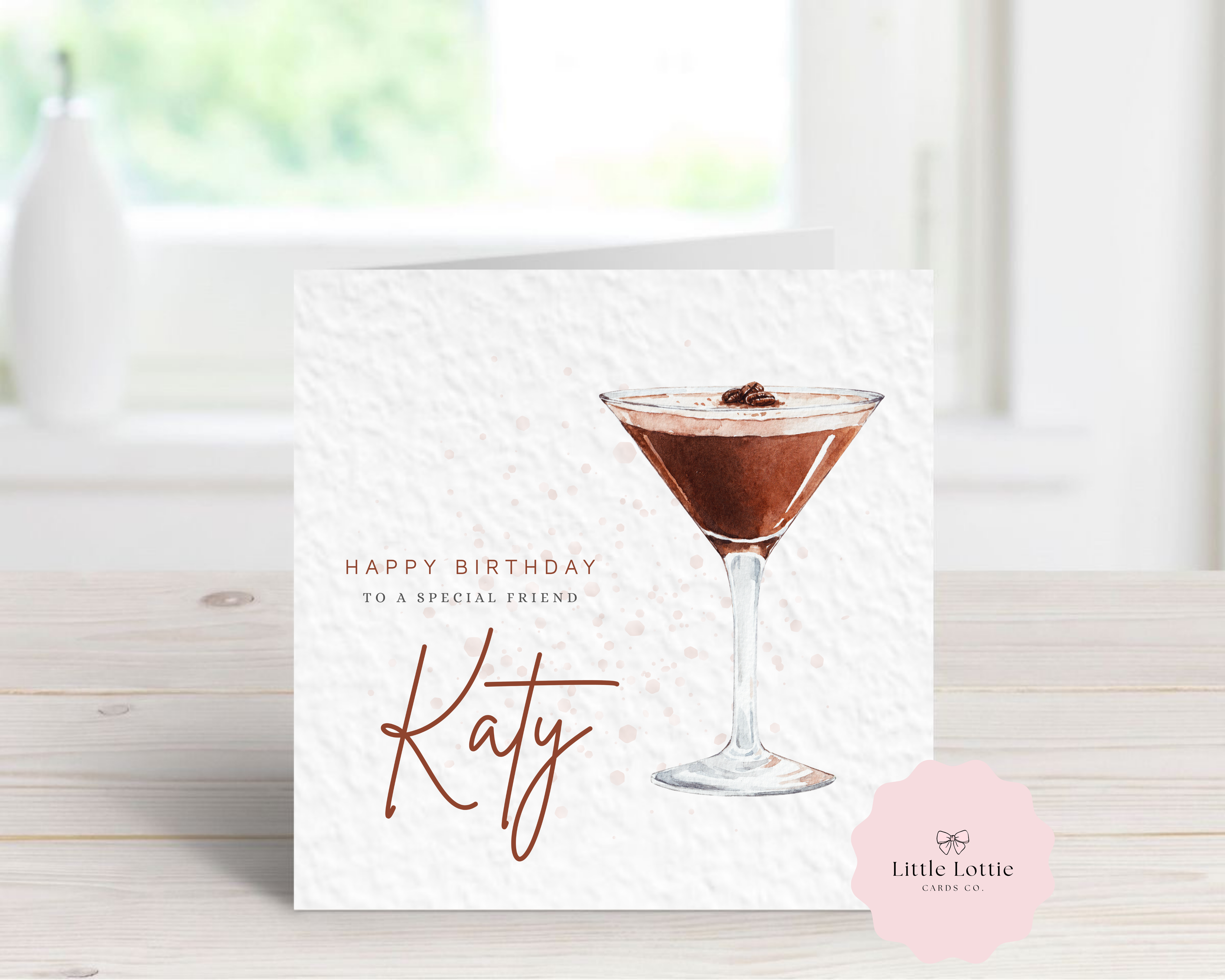 Personalised Espresso Martini Birthday Card - Any Name & Relation - Luxury Coffee Watercolor Cocktail Illustration - Custom "Happy Birthday" Card - Large 6" Square