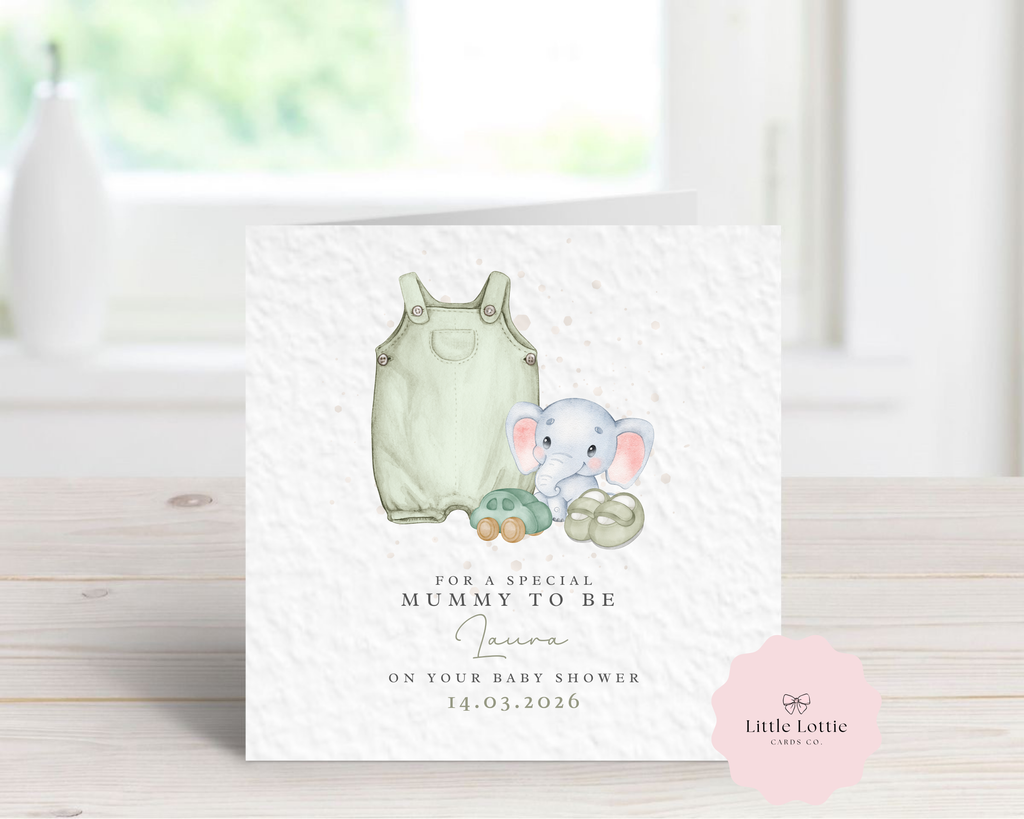 Personalised Mummy to Be Baby Shower Card - Any Name, Date & Relation - Cute Elephant & Sage Green Dungarees - Custom New Baby Card
