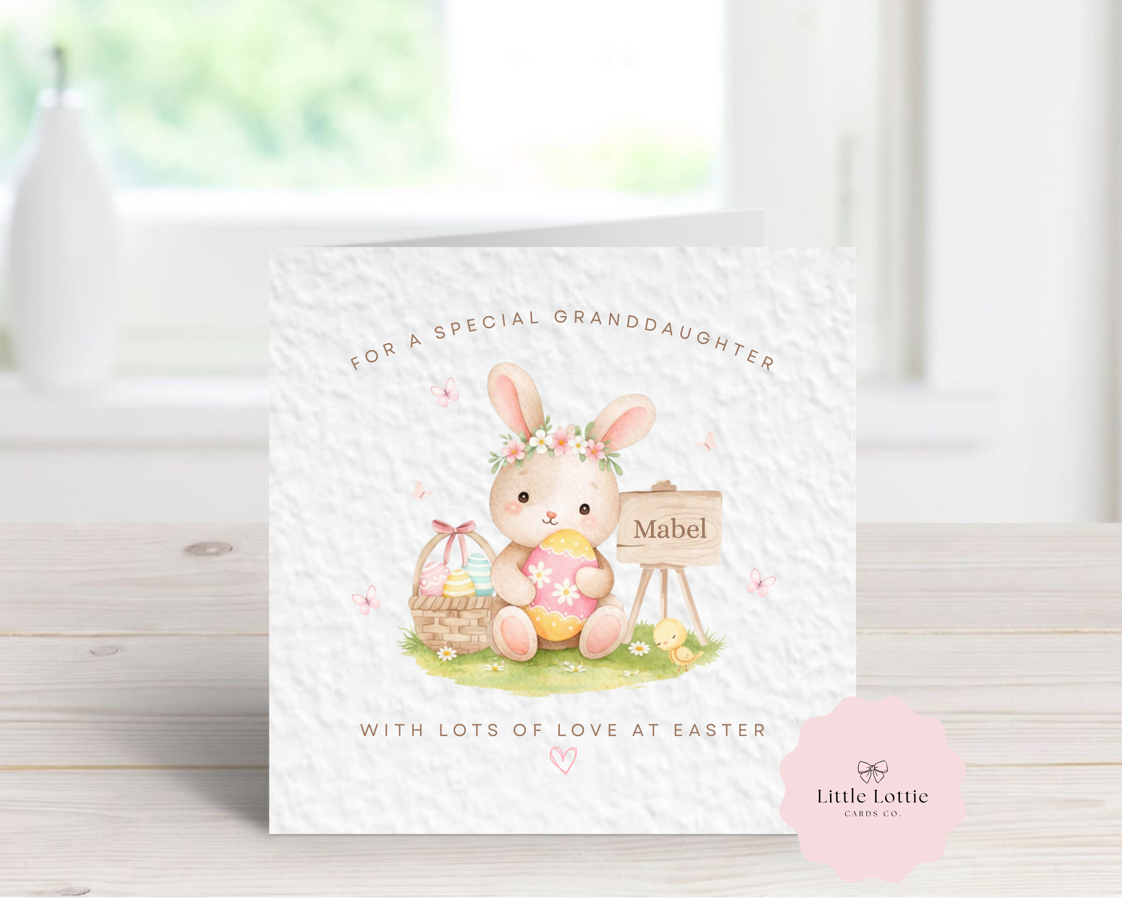 Personalised Easter Card for Granddaughter, Daughter or Niece - Any Name & Relation - Cute Watercolor Bunny with Flower Crown - Custom Girls Easter Card