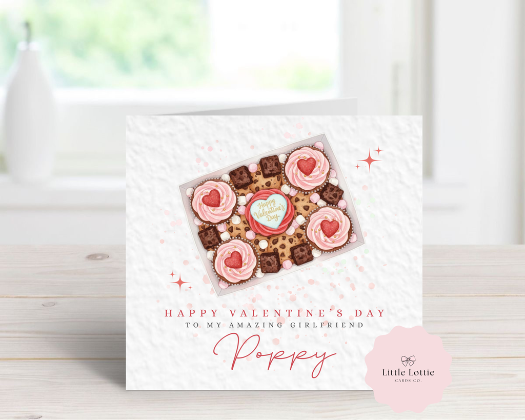Personalised Valentine’s Day Card - Any Name & Relation - Sweet Treat Dessert Box Illustration - Custom Card for Girlfriend, Wife or Fiancée