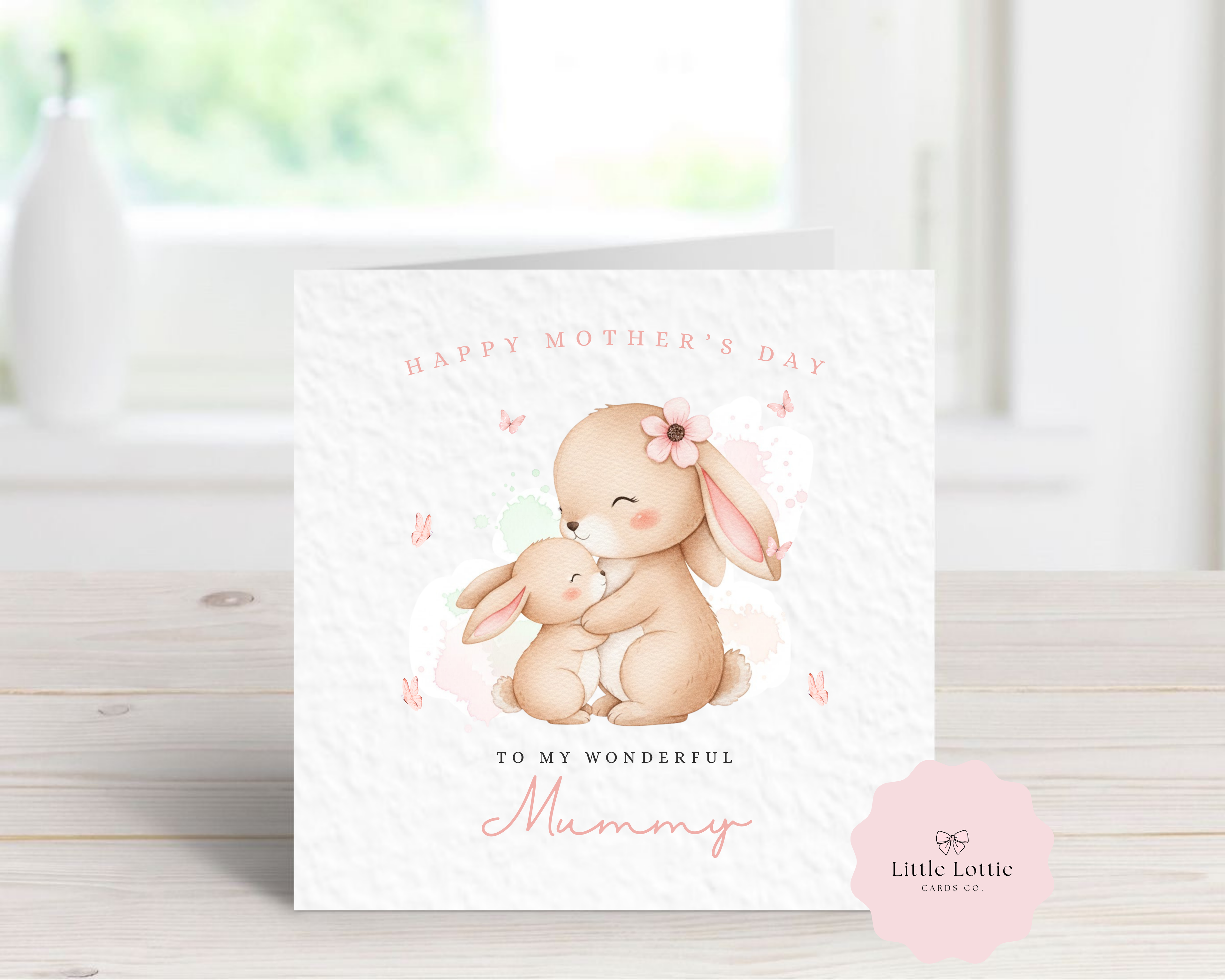 Personalised Mother’s Day Card - Any Name & Relation - Cute Watercolor Bunny Rabbit & Baby Illustration - Custom Card for Mummy, Nanny, Grandma or First Mother's Day