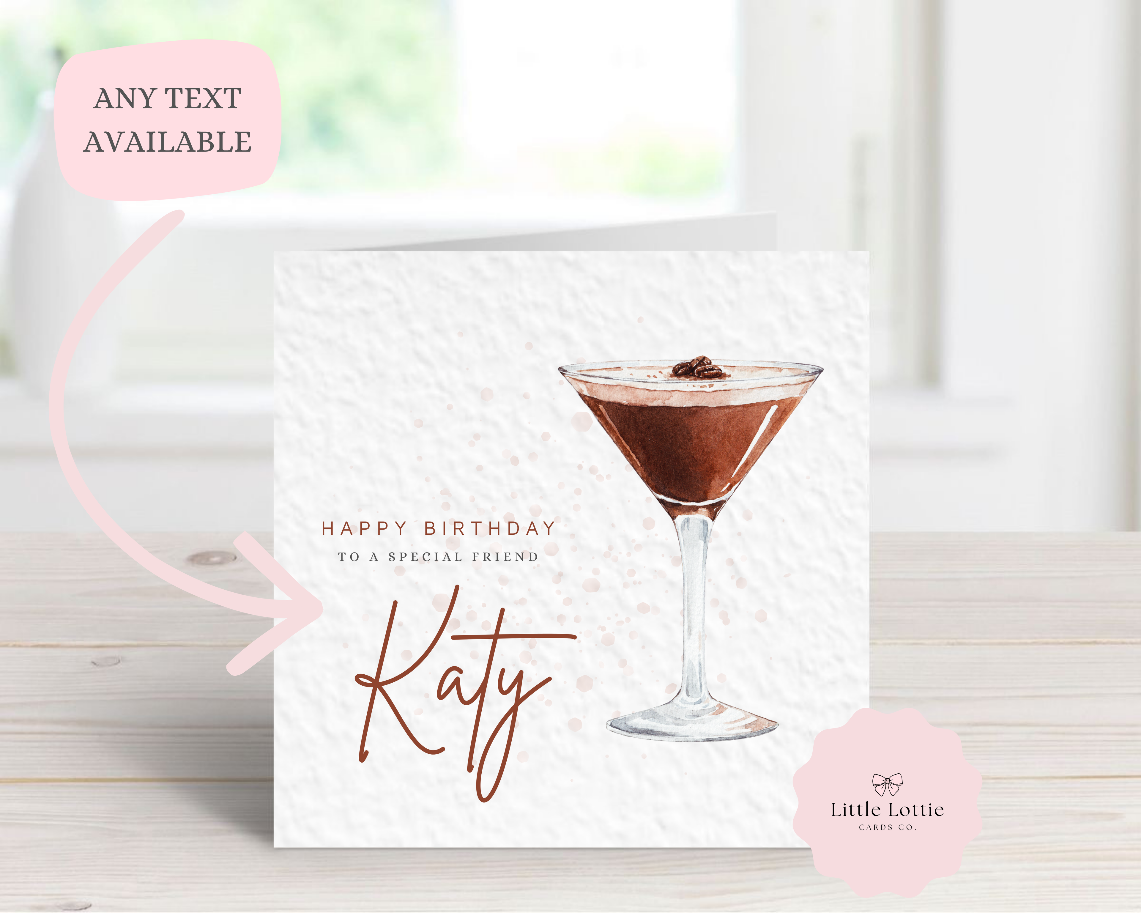 Personalised Espresso Martini Birthday Card - Any Name & Relation - Luxury Coffee Watercolor Cocktail Illustration - Custom "Happy Birthday" Card - Large 6" Square