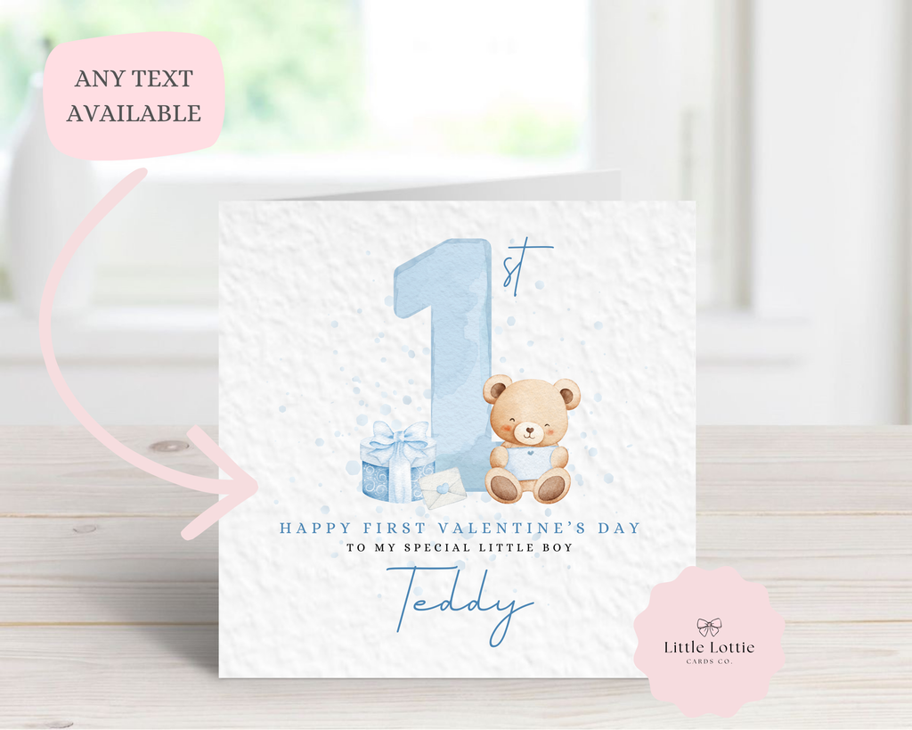 Personalised 1st Valentine’s Day Card - Any Name & Relation - Cute Teddy Bear & Blue "1st" Illustration - Custom "Happy First Valentine" Card - Luxury Square Keepsake Card