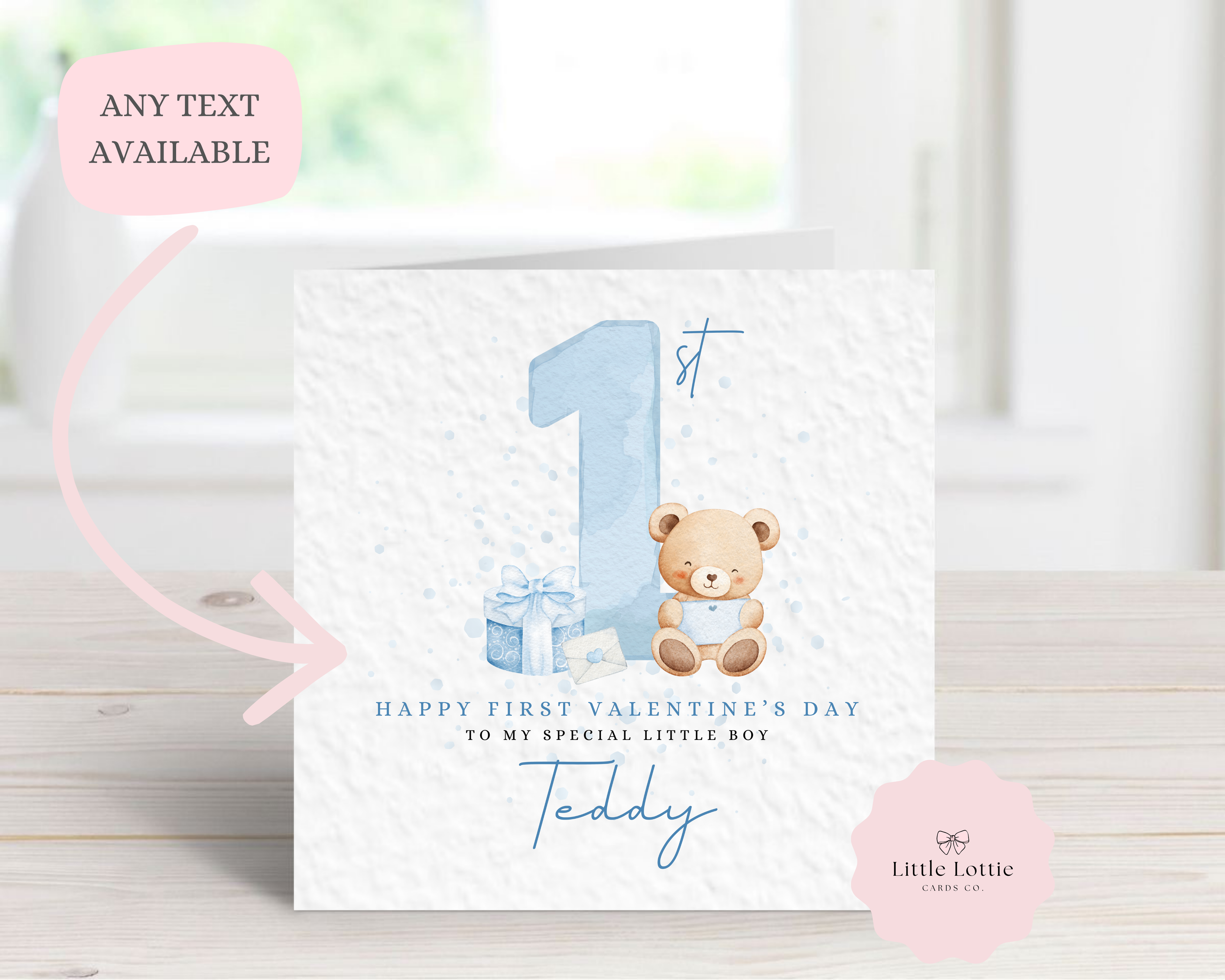 Personalised 1st Valentine’s Day Card - Any Name & Relation - Cute Teddy Bear & Blue "1st" Illustration - Custom "Happy First Valentine" Card - Luxury Square Keepsake Card