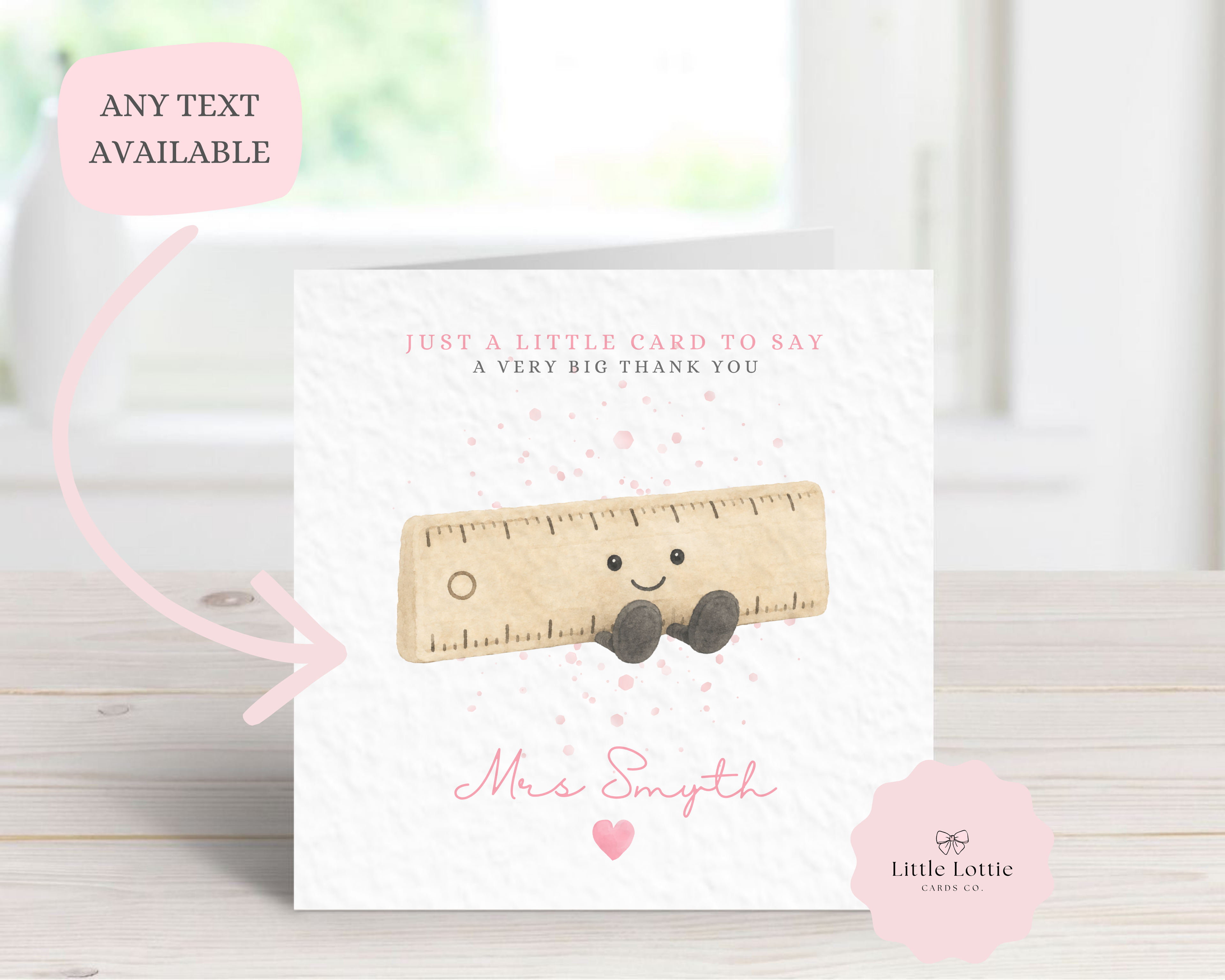 Personalised Cute Ruler Character Teacher Card - Pink Jellycat Inspired Design