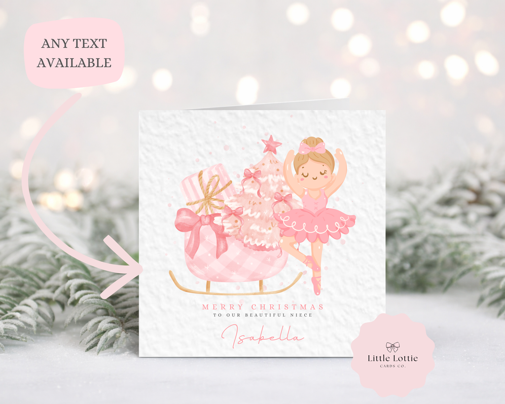 Personalised Ballerina Christmas Card - Pink Sleigh & Nutcracker Theme