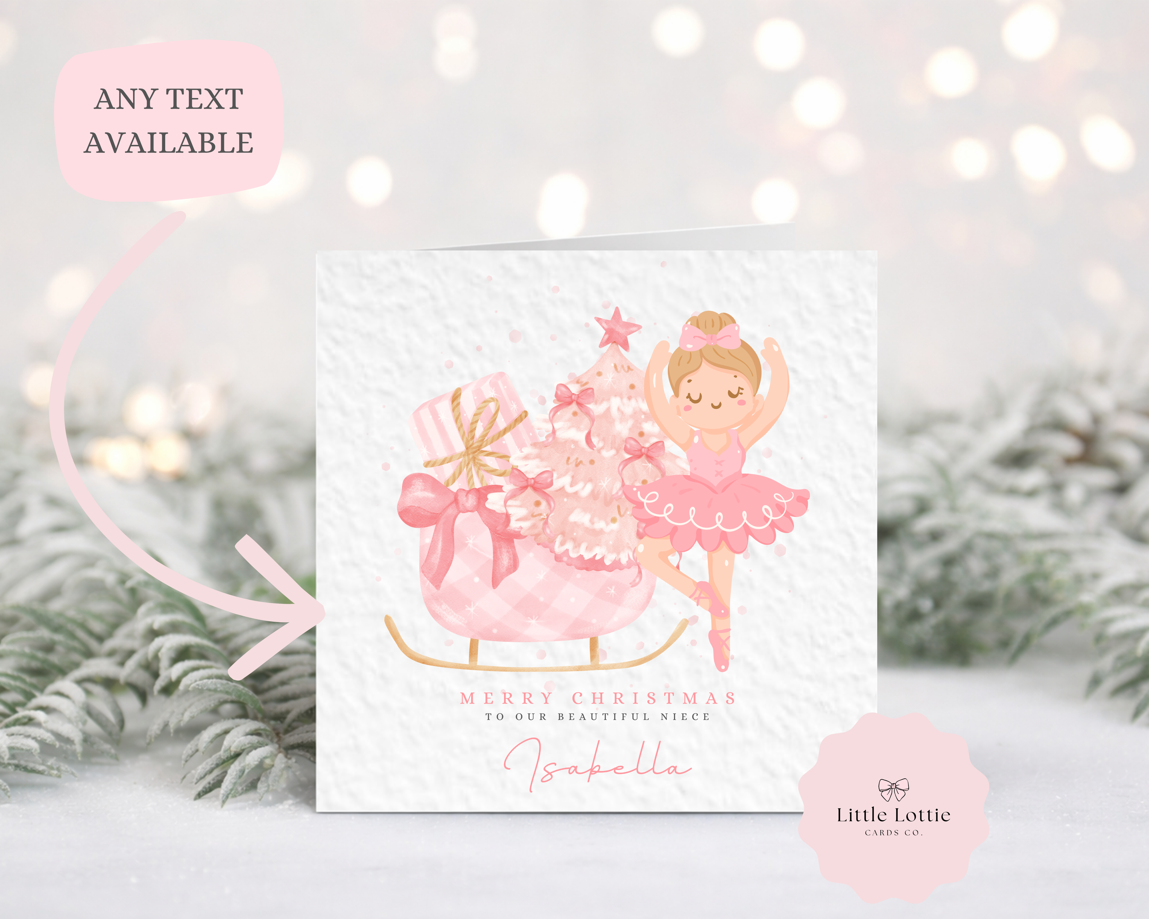 Personalised Ballerina Christmas Card - Pink Sleigh & Nutcracker Theme
