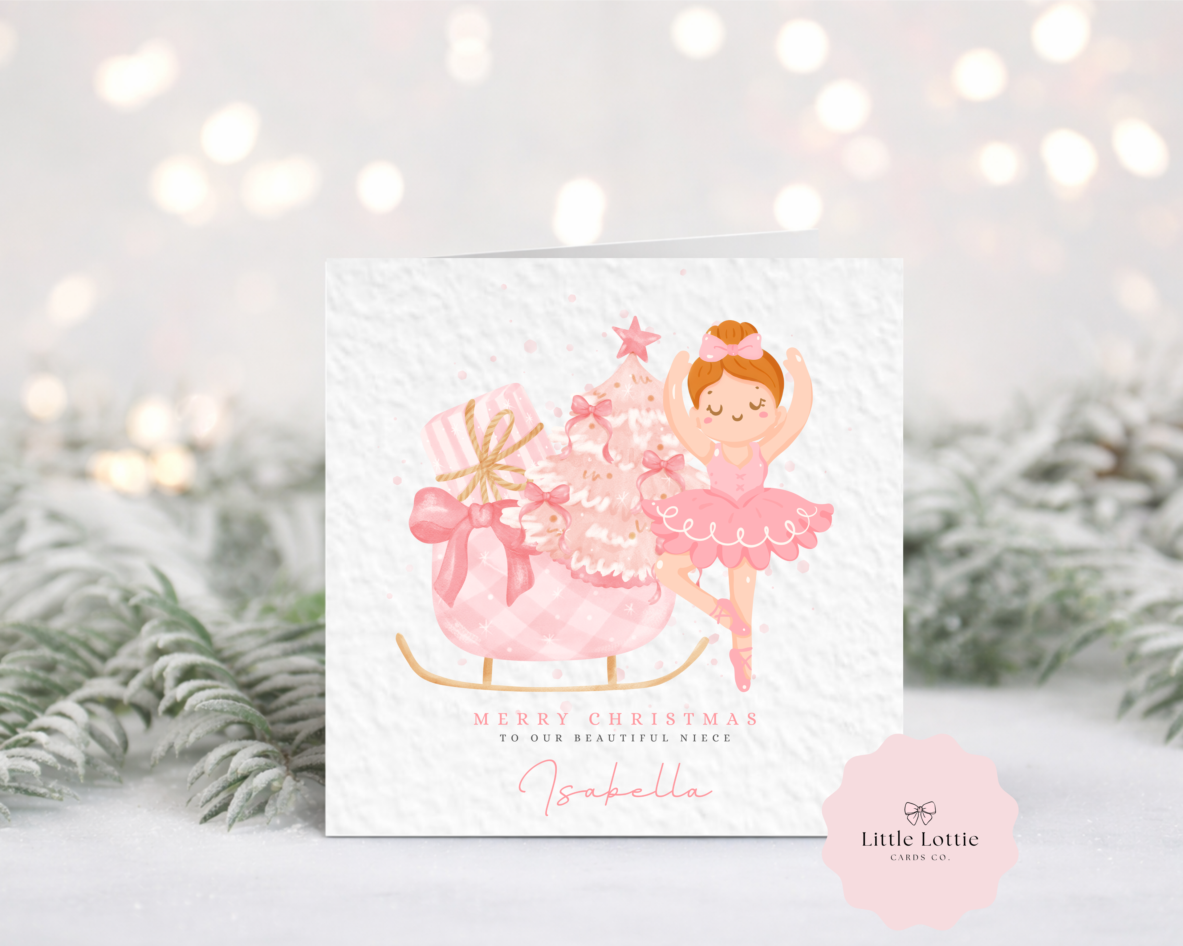 Personalised Ballerina Christmas Card - Pink Sleigh & Nutcracker Theme