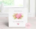 Personalised Crochet Heart Birthday Card - To a Wonderful Mum - Luxury Pink Knitted Heart & Floral Illustration - Custom "Happy Birthday" Card - Large 6" Square