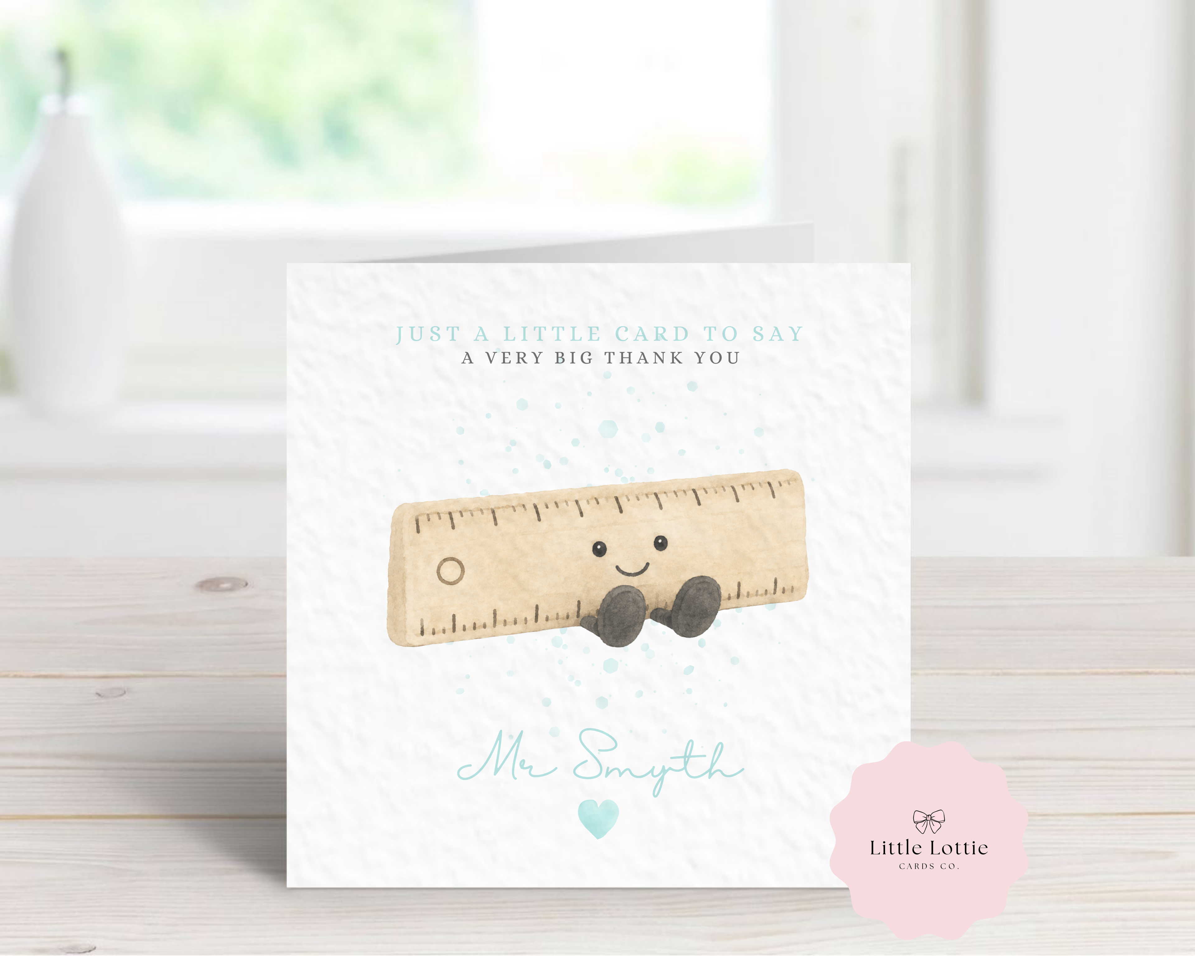 Personalised Cute Ruler Character Teacher Card - Blue Jellycat Inspired Design