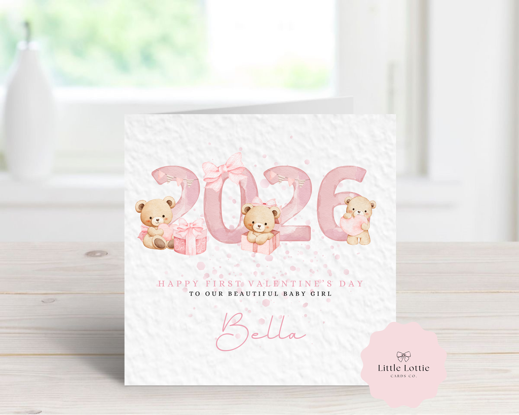 Personalised 2026 First Valentine’s Day Card - Any Name & Relation - Cute Watercolor Teddy Bears & Year Illustration - Custom "Happy First Valentine" Keepsake Card