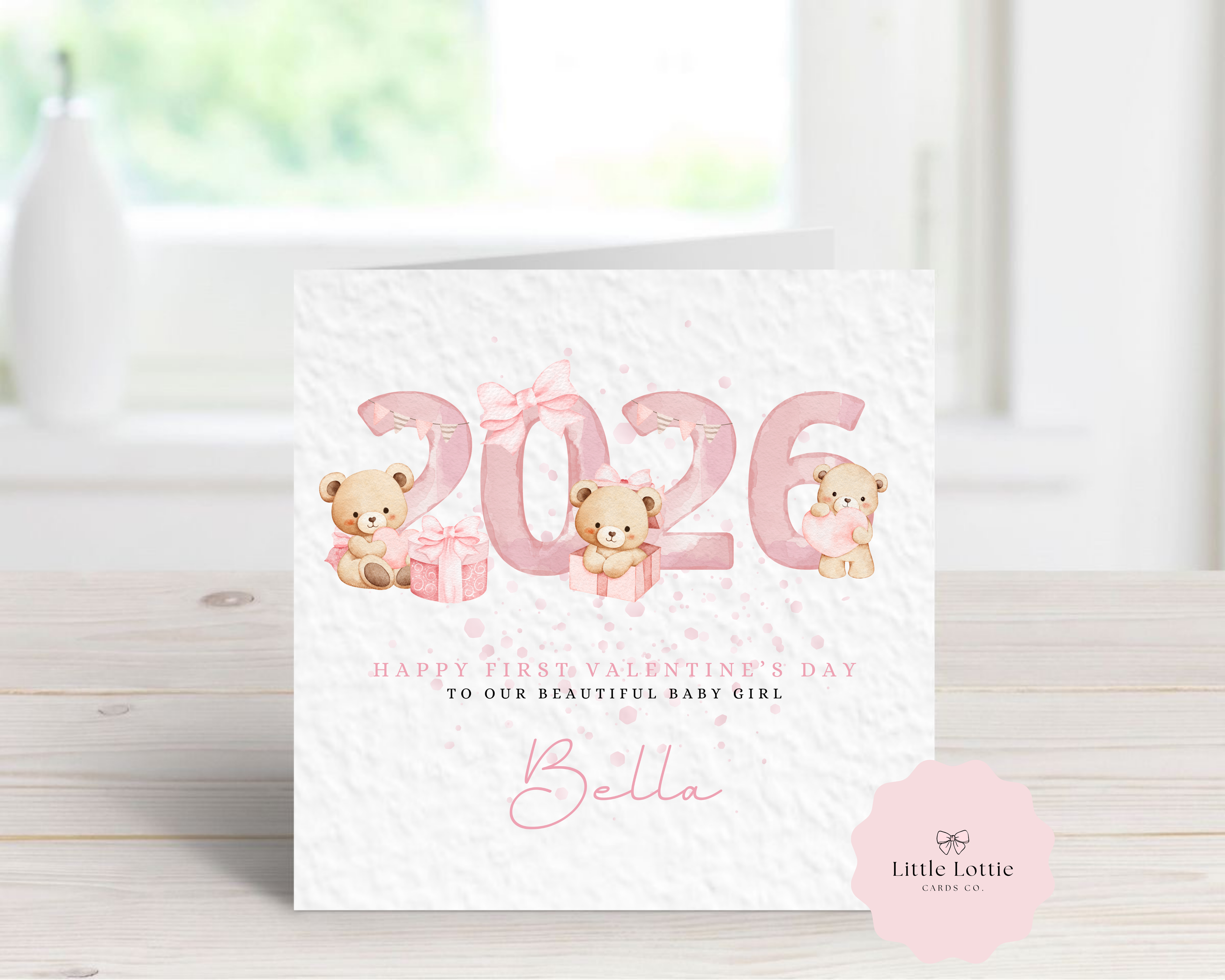 Personalised 2026 First Valentine’s Day Card - Any Name & Relation - Cute Watercolor Teddy Bears & Year Illustration - Custom "Happy First Valentine" Keepsake Card