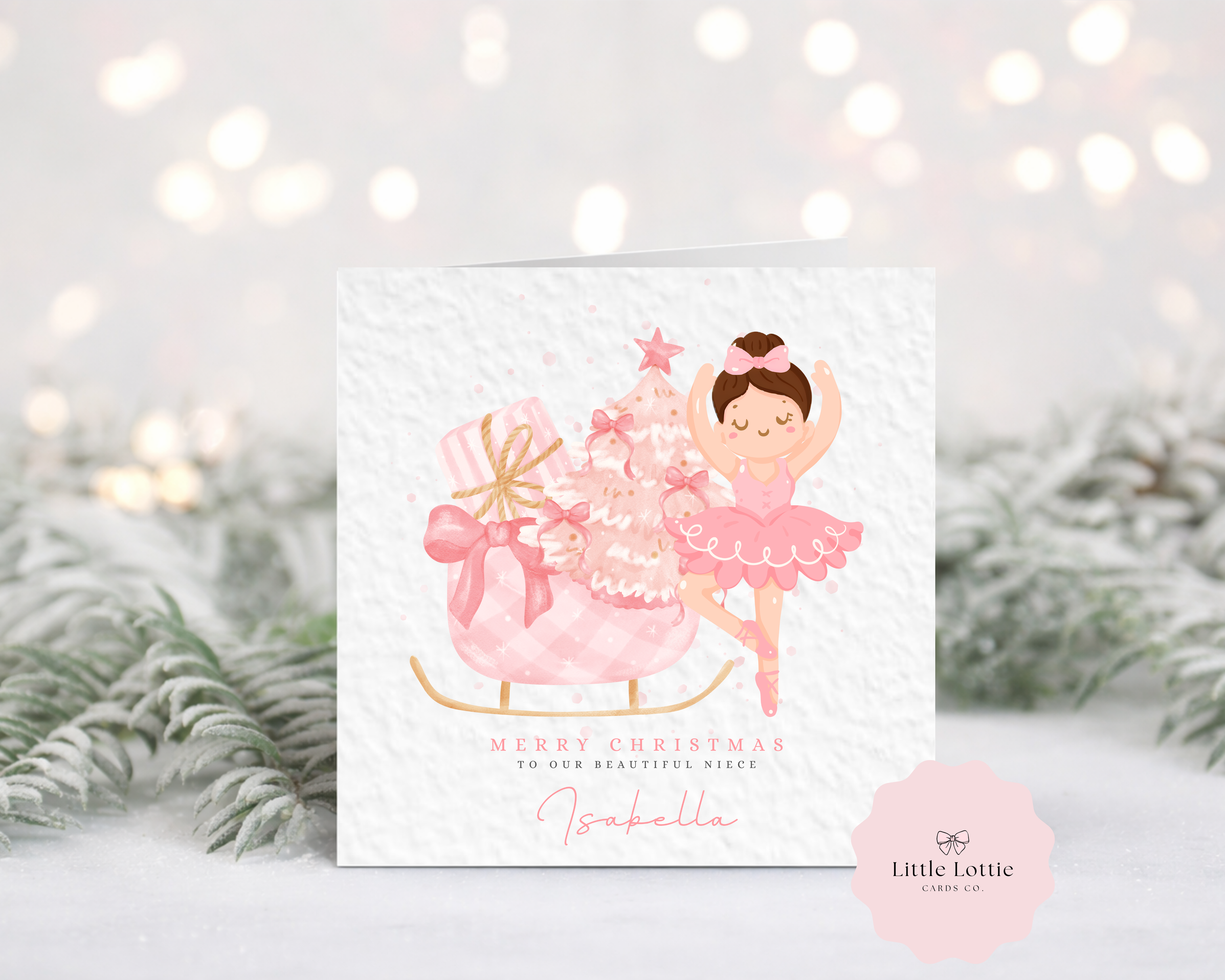 Personalised Ballerina Christmas Card - Pink Sleigh & Nutcracker Theme