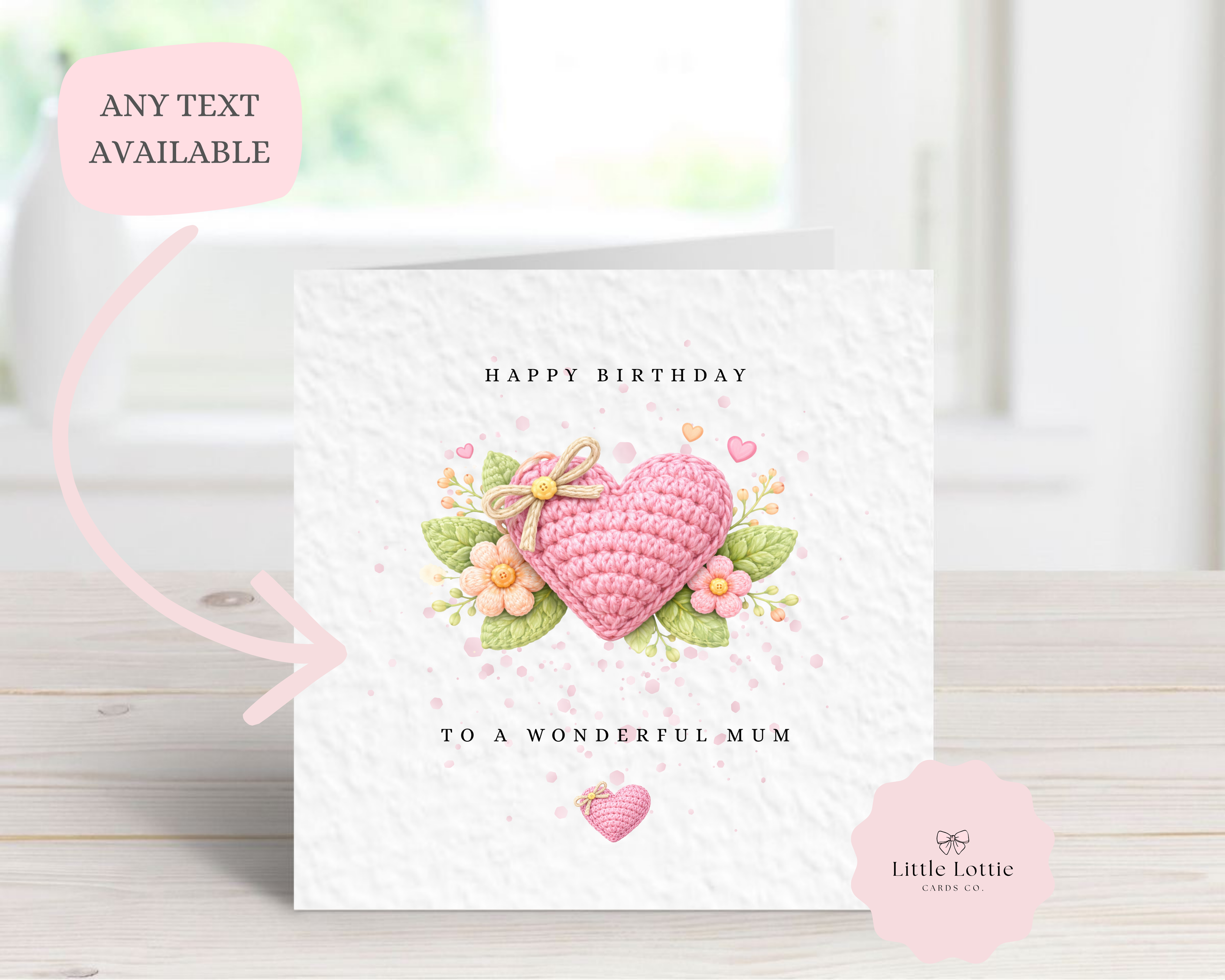 Personalised Crochet Heart Birthday Card - To a Wonderful Mum - Luxury Pink Knitted Heart & Floral Illustration - Custom "Happy Birthday" Card - Large 6" Square