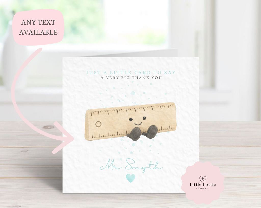 Personalised Cute Ruler Character Teacher Card - Blue Jellycat Inspired Design