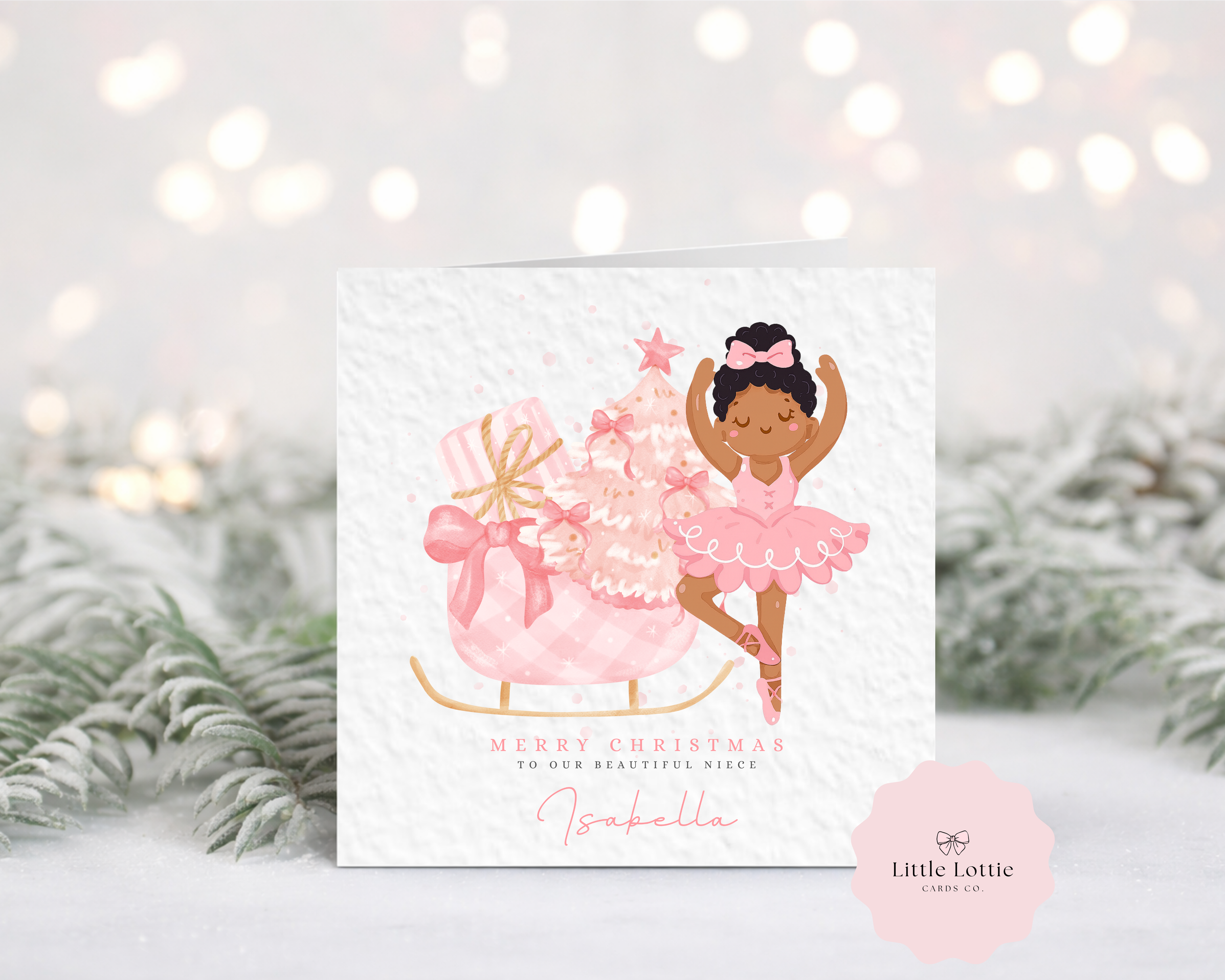 Personalised Ballerina Christmas Card - Pink Sleigh & Nutcracker Theme