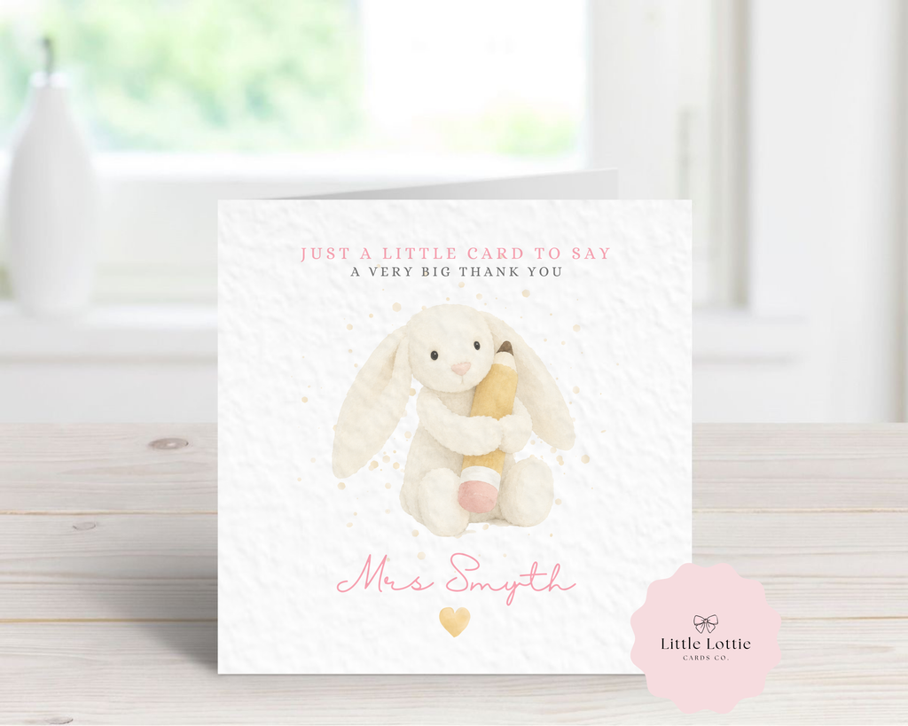 Personalised Cute Bunny Character Teacher Card - Pink Jellycat Inspired Design