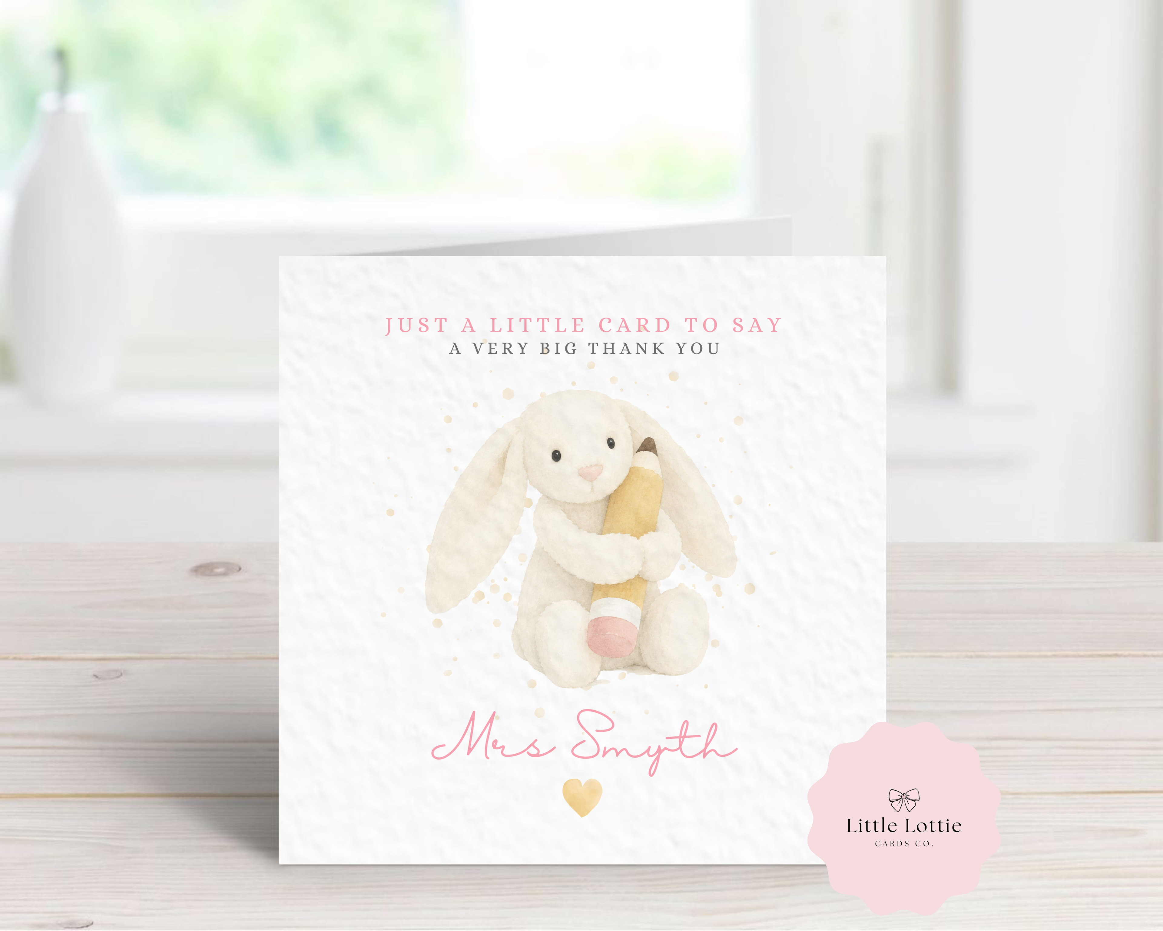 Personalised Cute Bunny Character Teacher Card - Pink Jellycat Inspired Design