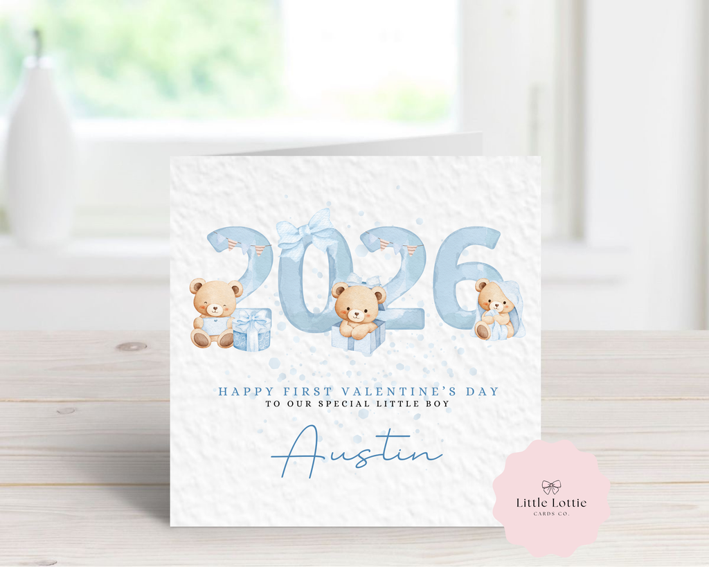 Personalised 2026 First Valentine’s Day Card - Any Name & Relation - Cute Blue Watercolor Teddy Bears & Year Illustration - Custom 1st Valentine Keepsake Card