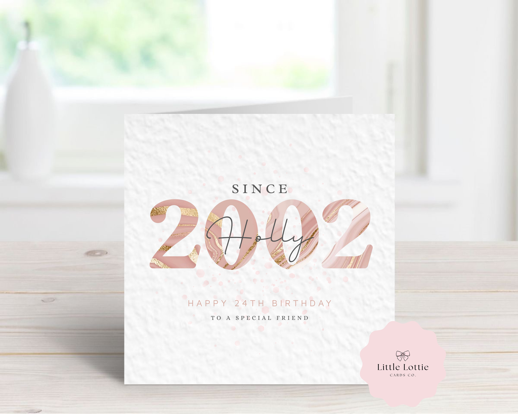 Personalised Birth Year Birthday Card - Any Year & Age - Luxury Rose Gold Marble & Glitter Illustration - Custom "Happy Birthday" Friend Card - Large 6" Square