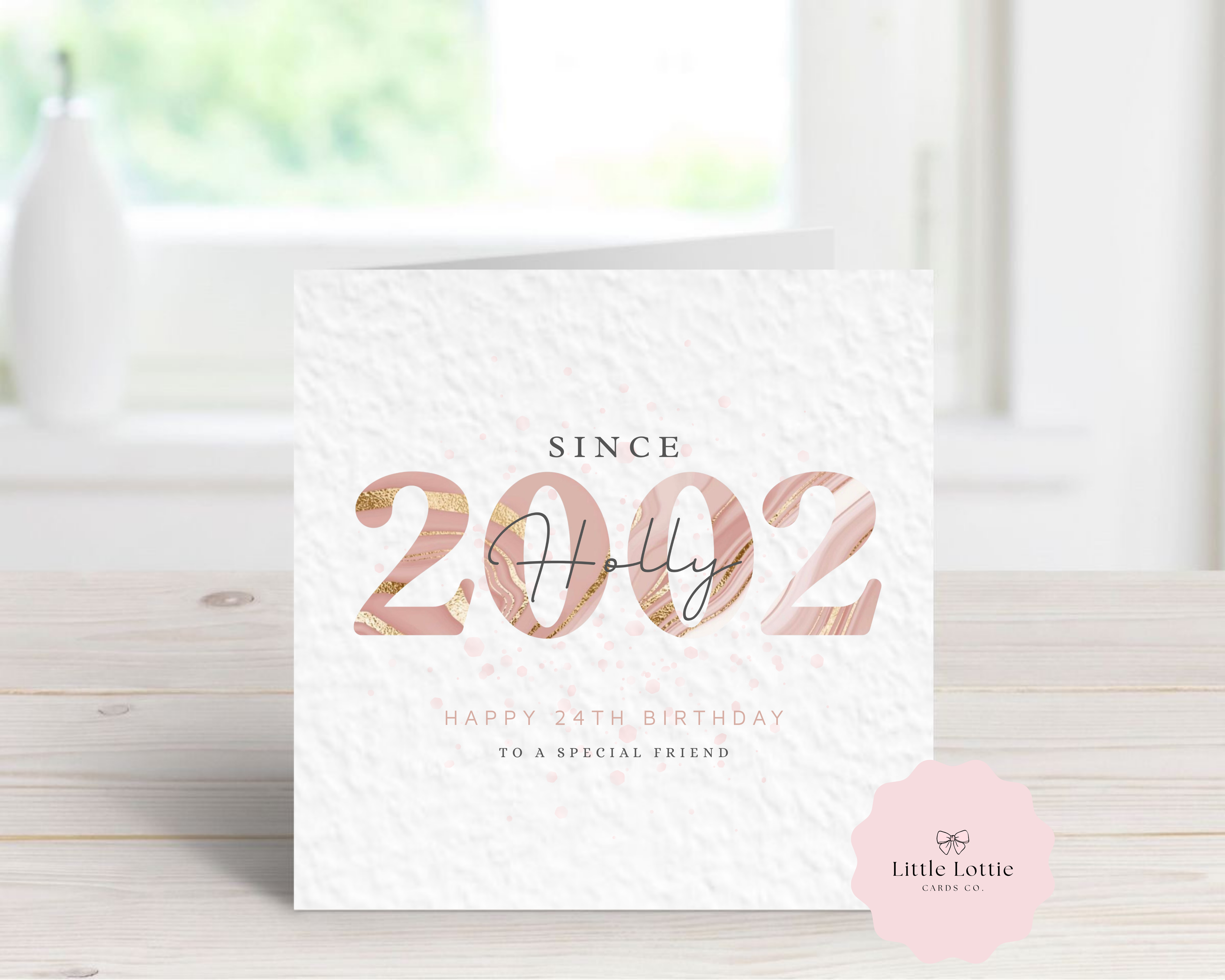 Personalised Birth Year Birthday Card - Any Year & Age - Luxury Rose Gold Marble & Glitter Illustration - Custom "Happy Birthday" Friend Card - Large 6" Square