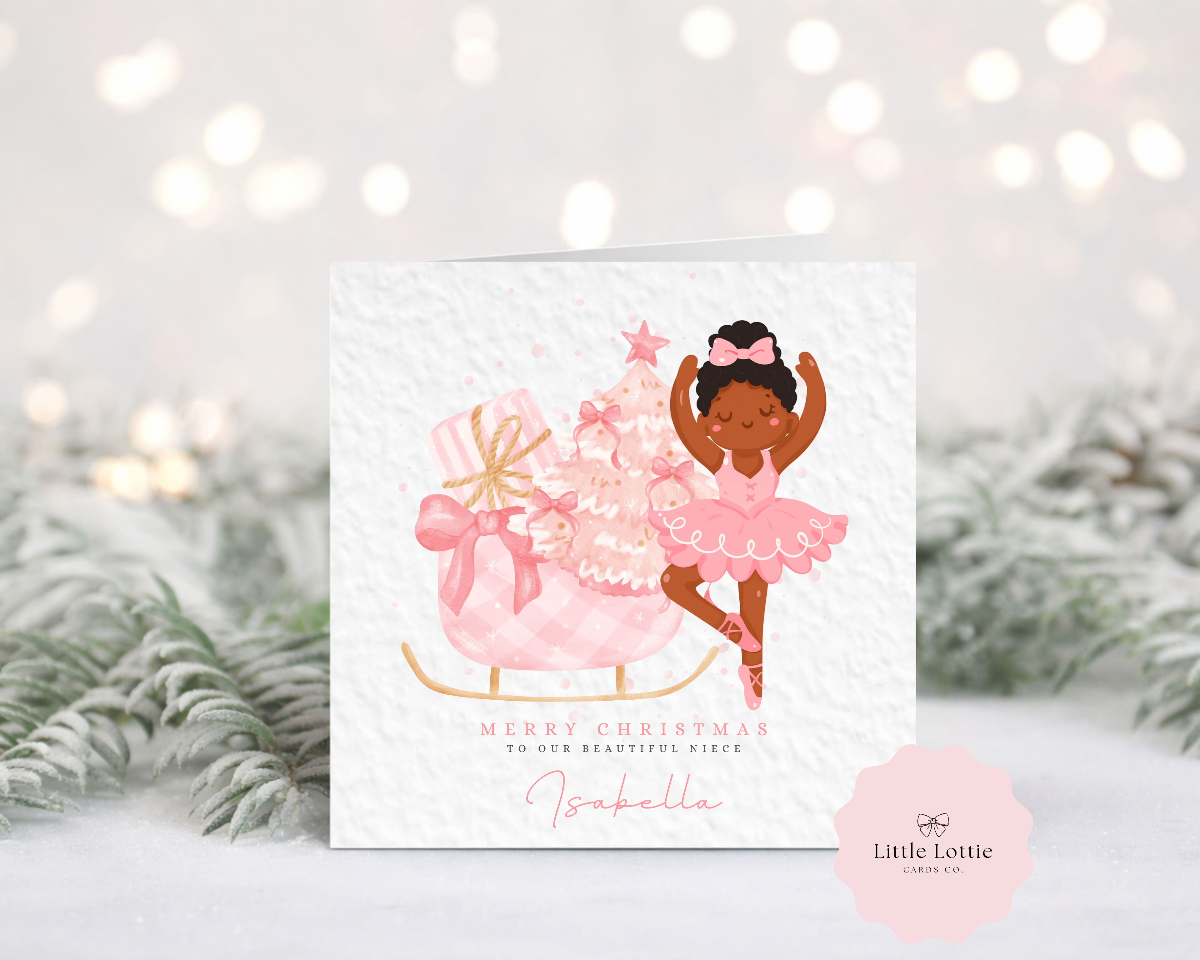 Personalised Ballerina Christmas Card - Pink Sleigh & Nutcracker Theme