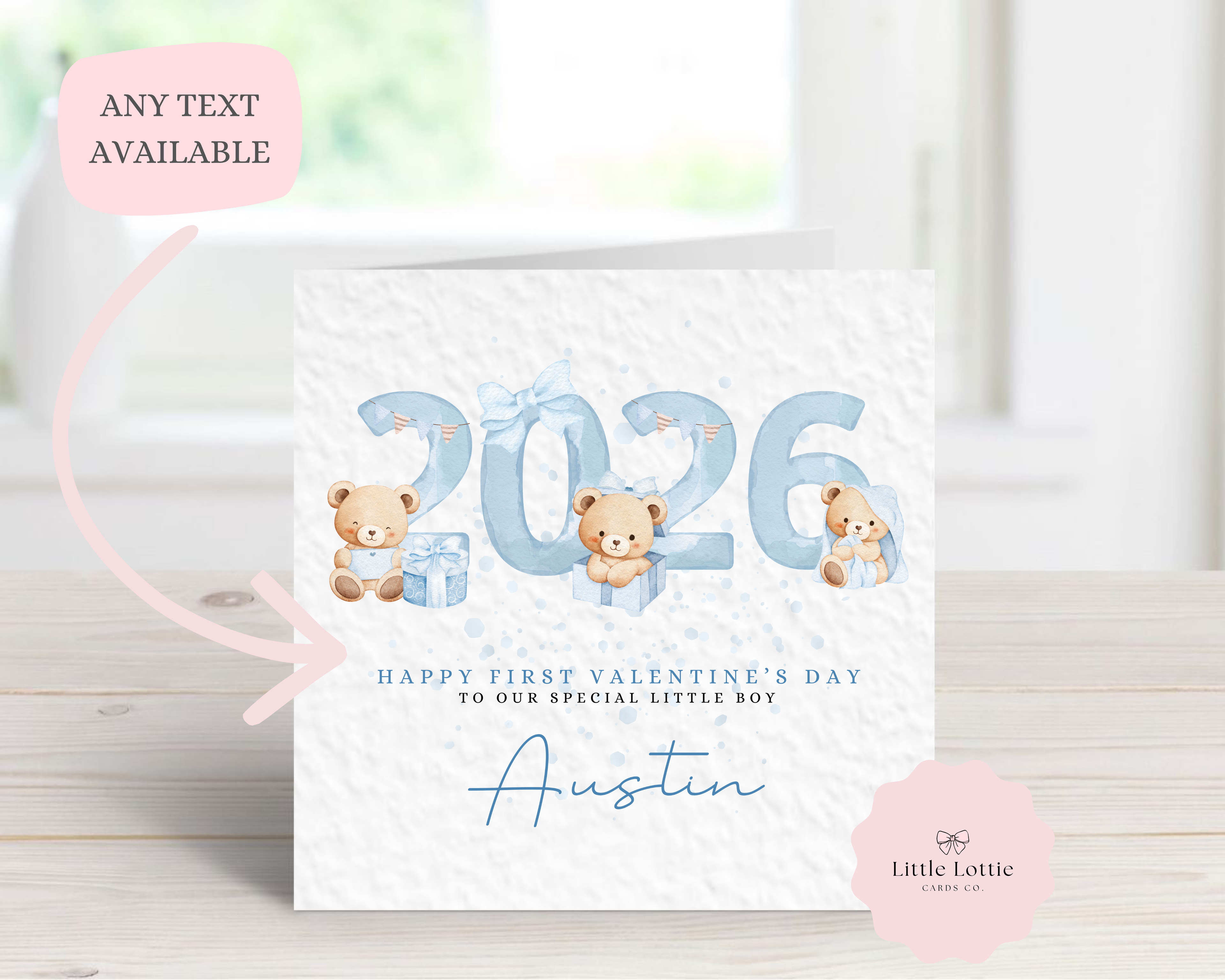 Personalised 2026 First Valentine’s Day Card - Any Name & Relation - Cute Blue Watercolor Teddy Bears & Year Illustration - Custom 1st Valentine Keepsake Card
