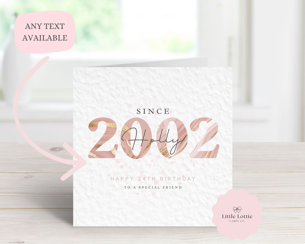 Personalised Birth Year Birthday Card - Any Year & Age - Luxury Rose Gold Marble & Glitter Illustration - Custom "Happy Birthday" Friend Card - Large 6" Square
