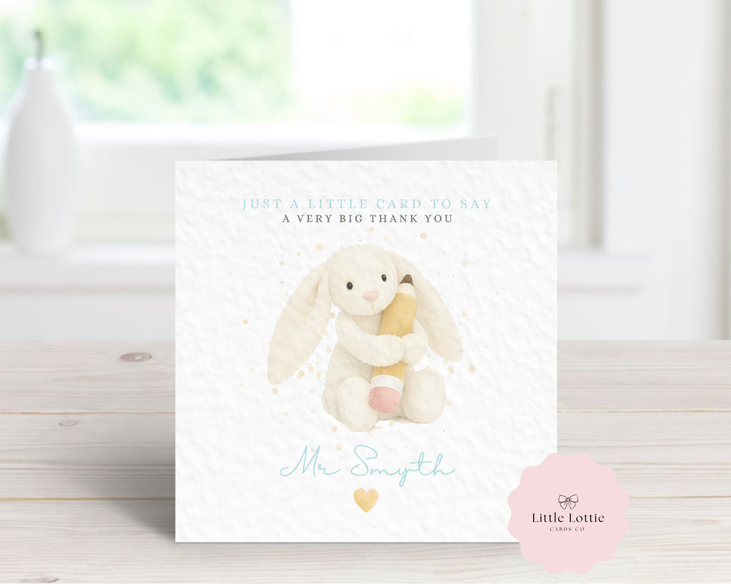 Personalised Cute Bunny Character Teacher Card - Blue Jellycat Inspired Design