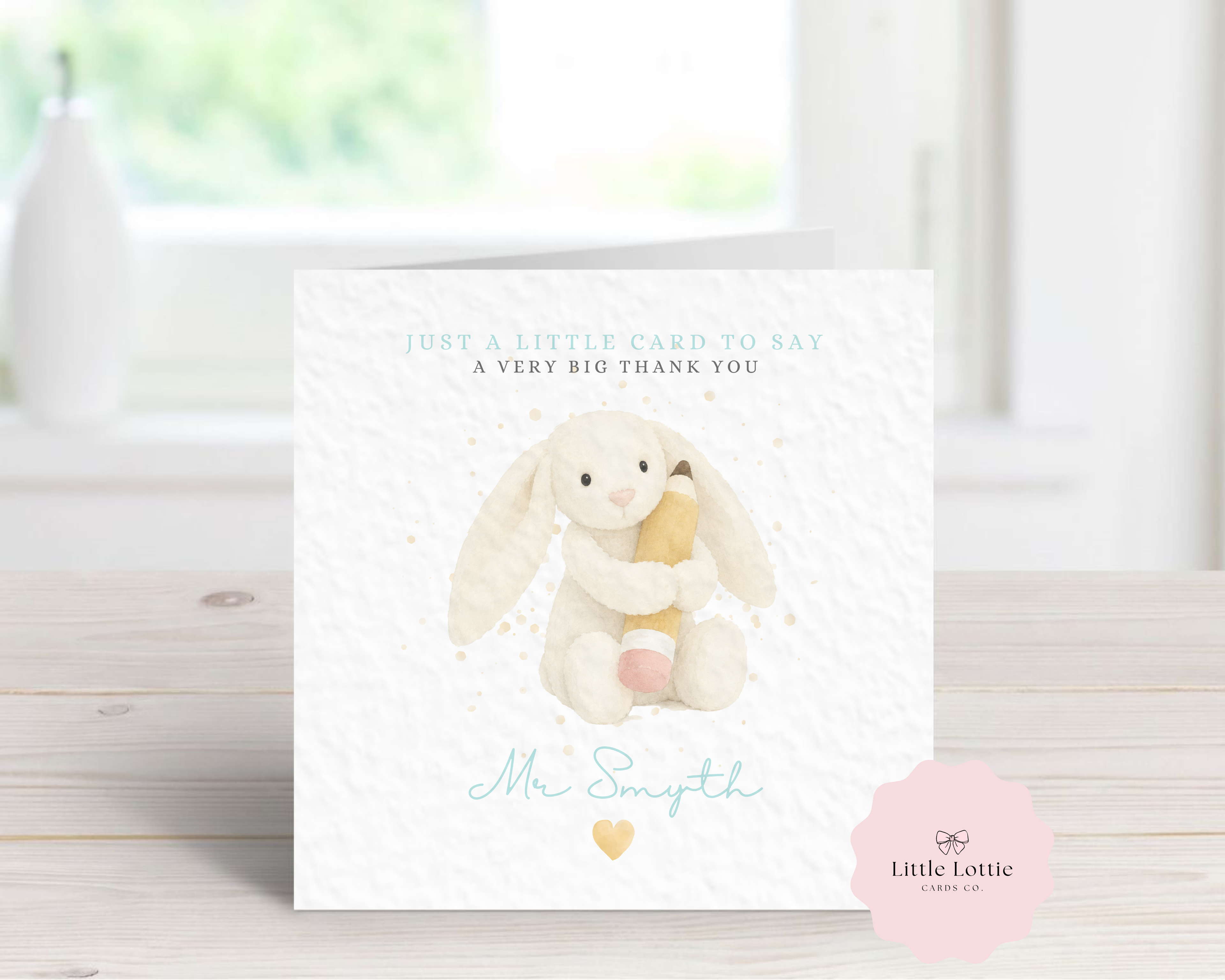 Personalised Cute Bunny Character Teacher Card - Blue Jellycat Inspired Design