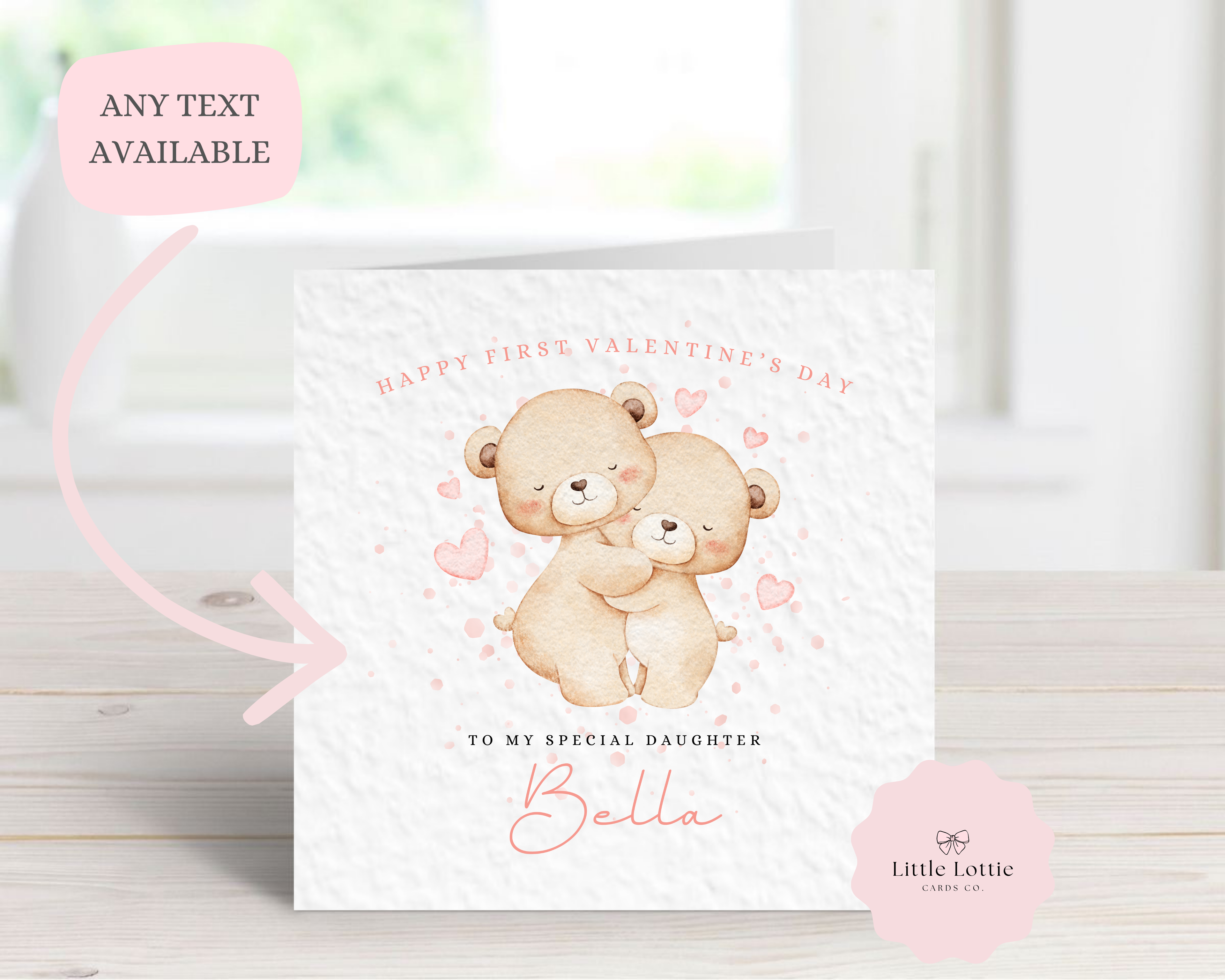 Personalised 1st Valentine’s Day Card - Any Name & Relation - Cute Watercolor Hugging Teddy Bears Illustration - Custom "Happy First Valentine" Daughter Card - Luxury Square Keepsake