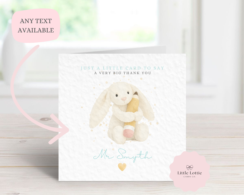 Personalised Cute Bunny Character Teacher Card - Blue Jellycat Inspired Design