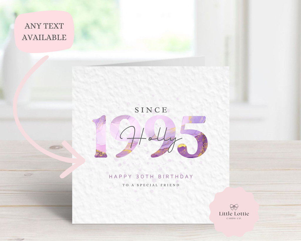 Personalised Birth Year Birthday Card - Luxury Purple Marble & Gold Glitter Illustration