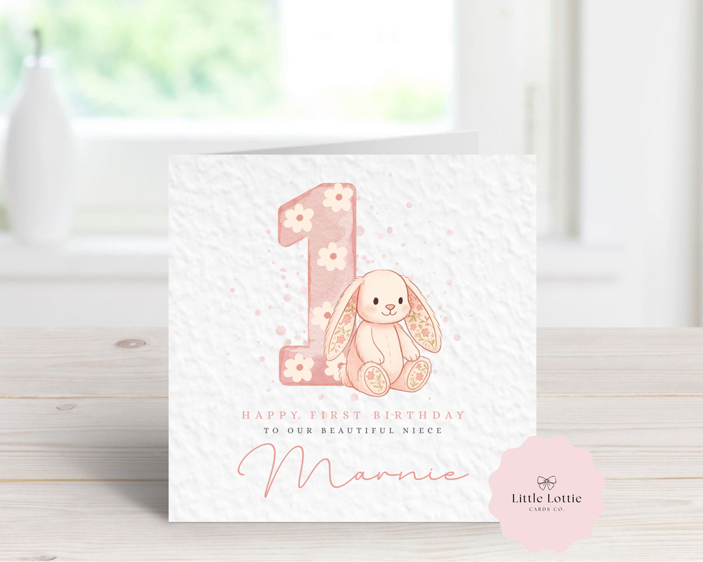 Personalised Children's Birthday Card - Any Age & Name - Cute Watercolor Floral Bunny Illustration - Custom Birthday Card for Niece, Daughter, Granddaughter - Large 6" Square