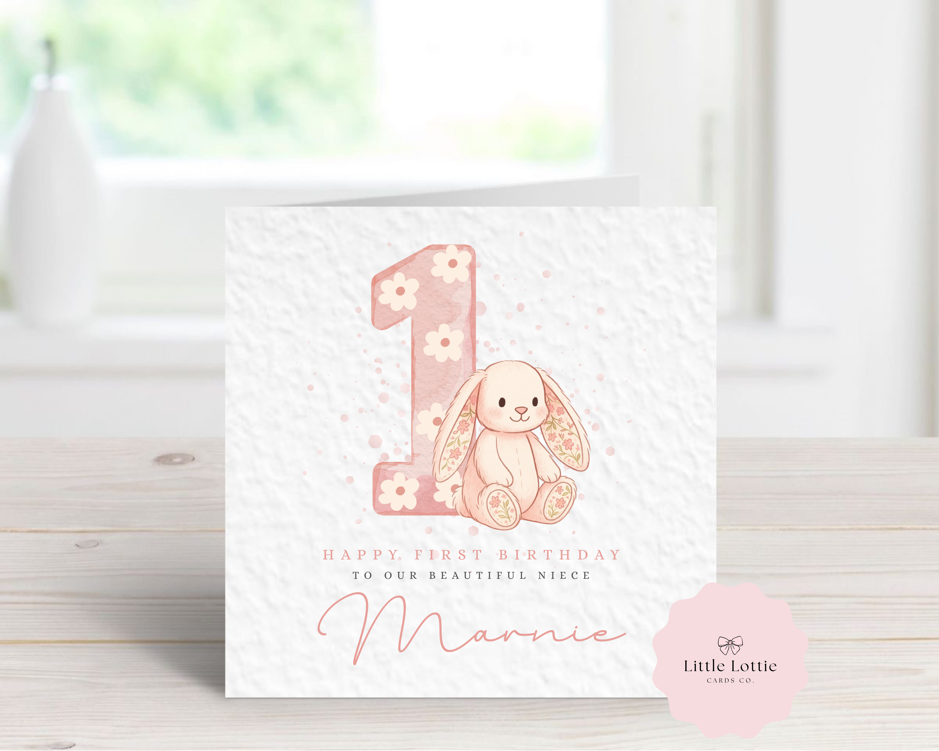 Personalised Children's Birthday Card - Any Age & Name - Cute Watercolor Floral Bunny Illustration - Custom Birthday Card for Niece, Daughter, Granddaughter - Large 6" Square