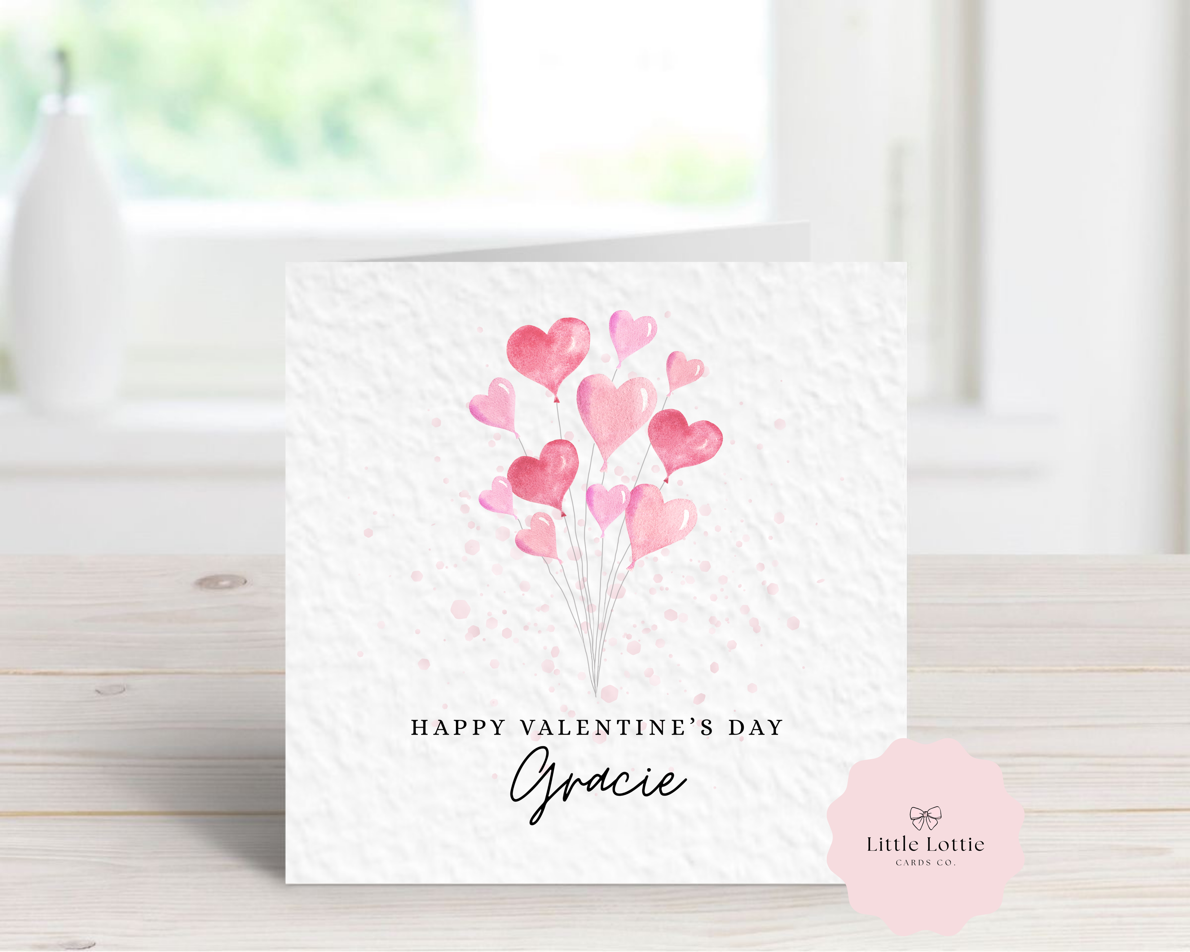 Personalised Valentine's Day Card - Any Name - Luxury Pink Watercolor Heart Balloon Illustration - Custom "Happy Valentine's Day" or Birthday Card - Large 6" Square